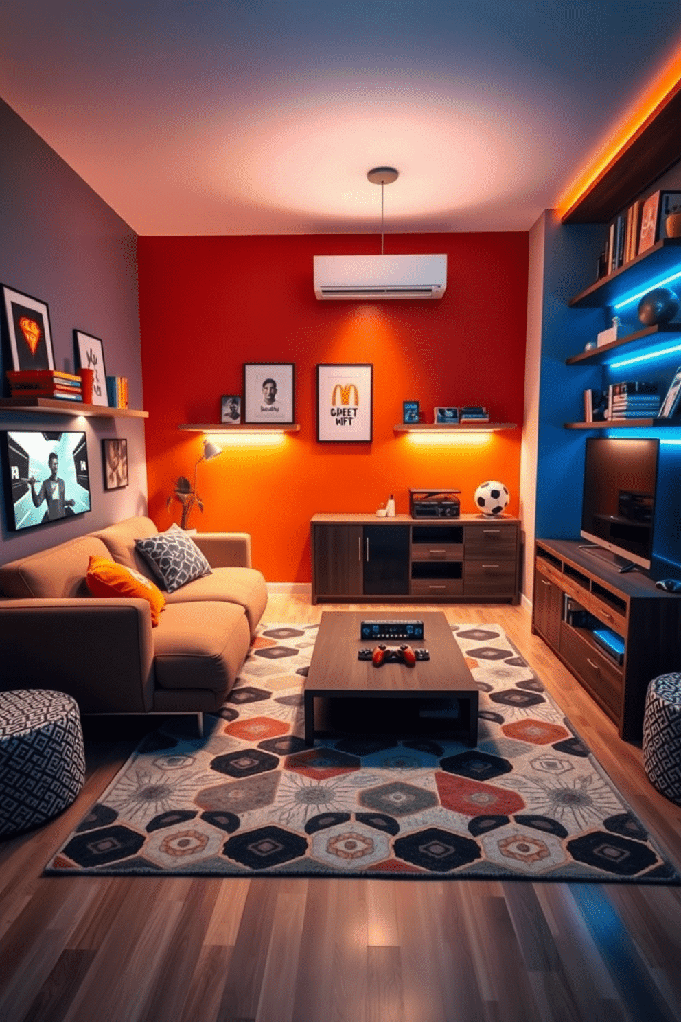 A modern game room featuring multi-functional furniture that maximizes space efficiency. The room includes a sleek sofa that converts into a bed, a coffee table that doubles as a storage unit, and wall-mounted shelves for games and decor. Bright colors and playful patterns create an inviting atmosphere for relaxation and entertainment. A large area rug defines the gaming zone, while ambient lighting enhances the overall vibe of the space.