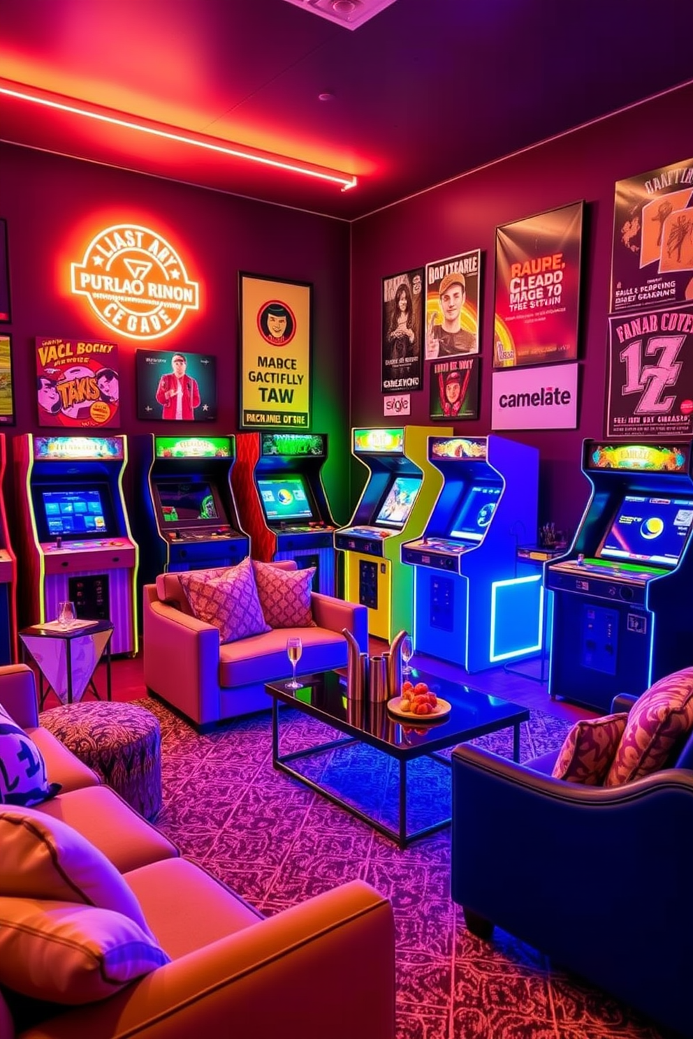 Classic arcade machines for nostalgia. The room features vibrant neon lights and retro posters on the walls, creating a lively atmosphere. Labor Day Game Room Decorating Ideas. Incorporate comfortable seating options and a large coffee table, perfect for snacks and drinks while enjoying games with friends.