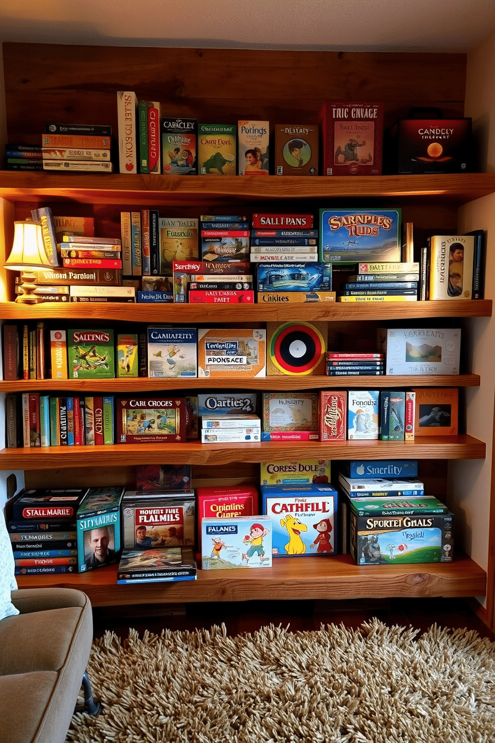 Rustic wooden shelves are lined with an array of colorful board games, creating a warm and inviting atmosphere. The shelves are made from reclaimed wood, showcasing their unique textures and natural imperfections. Soft lighting from vintage-style lamps casts a cozy glow over the space, enhancing the rustic charm. A plush area rug in earthy tones anchors the room, providing comfort underfoot for game nights with family and friends.