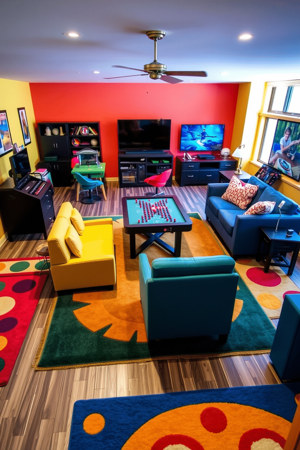 A vibrant game room filled with energy and fun. The floor is adorned with colorful rugs that define play areas, creating a lively atmosphere. The walls are painted in a cheerful palette, featuring bold accents that inspire creativity. Comfortable seating arrangements are placed around a central game table, inviting friends and family to gather and enjoy.