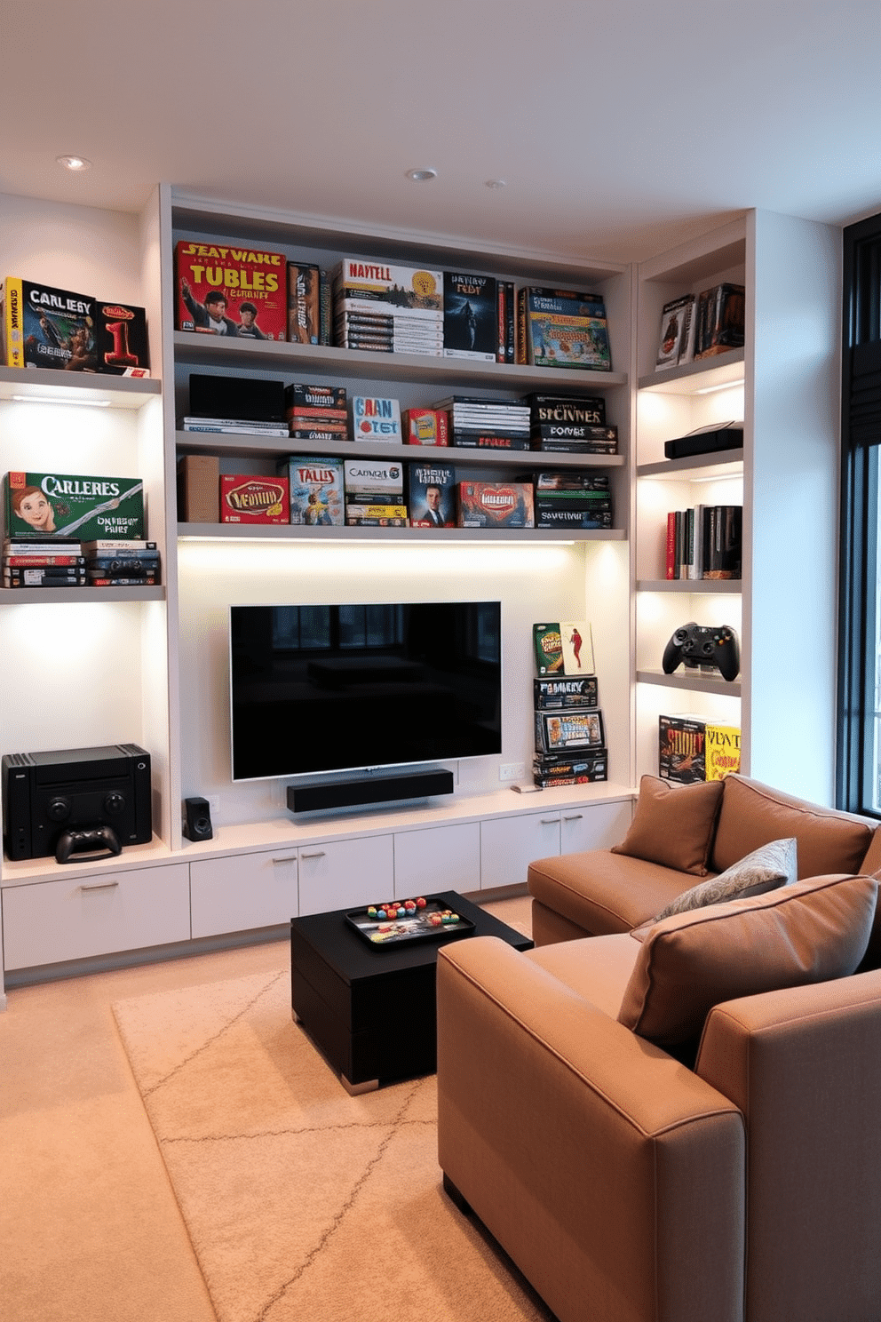 A sleek game room featuring innovative wall-mounted storage solutions for board games and gaming consoles. The walls are adorned with custom shelving that showcases colorful game boxes and memorabilia, creating an engaging focal point. The room is designed for comfort and entertainment, with a plush sectional sofa positioned for optimal viewing of a large screen. Accent lighting highlights the game storage while providing a cozy atmosphere for gatherings with friends and family.