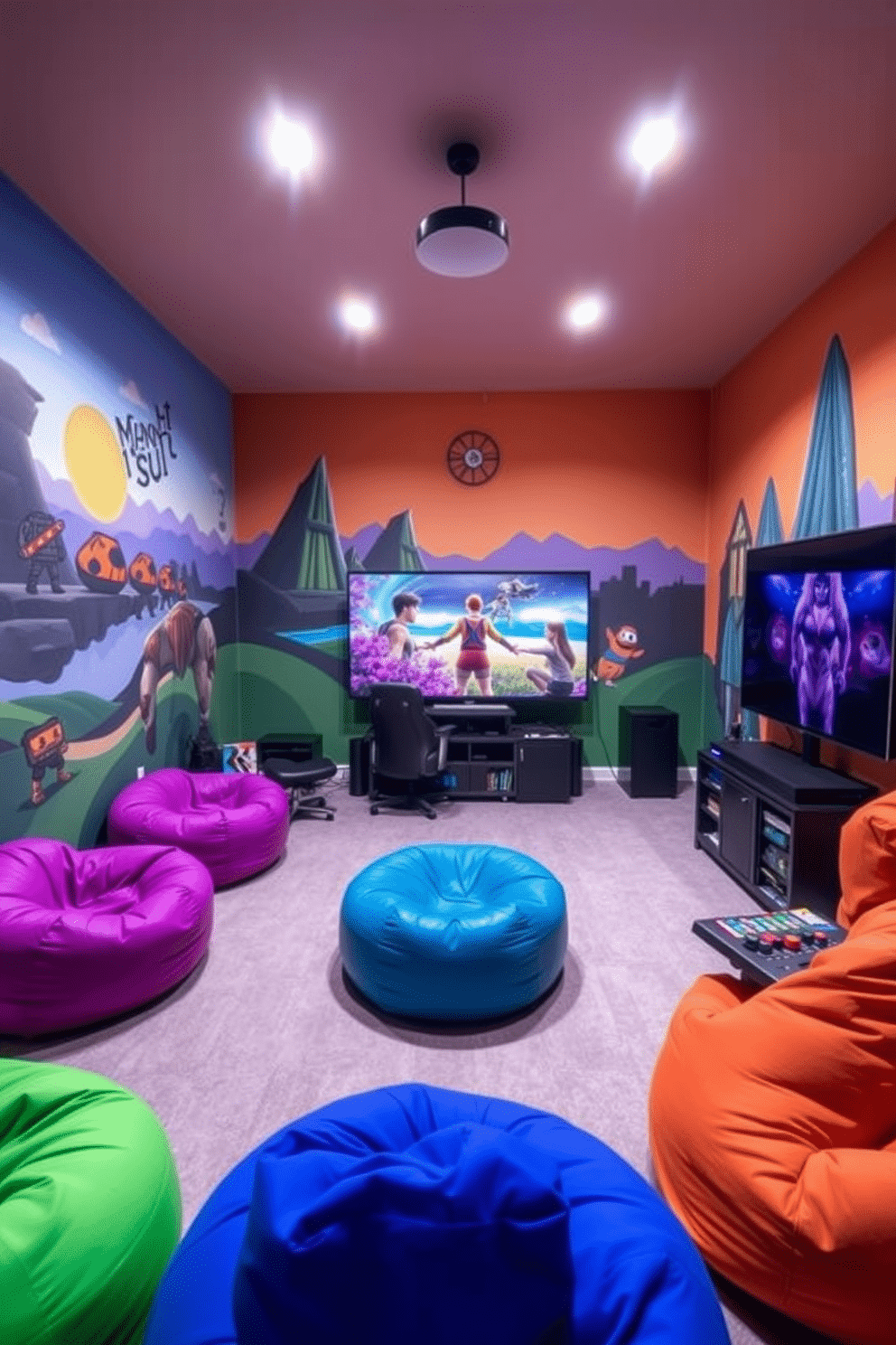 Create a vibrant game room inspired by your favorite video games. Incorporate wall art featuring iconic characters and landscapes from beloved titles, with a color palette that reflects the energy of gaming. Include comfortable seating options like bean bags and gaming chairs in bold colors. Add a large screen for gaming sessions, and use ambient lighting to enhance the atmosphere, creating an immersive experience for players.