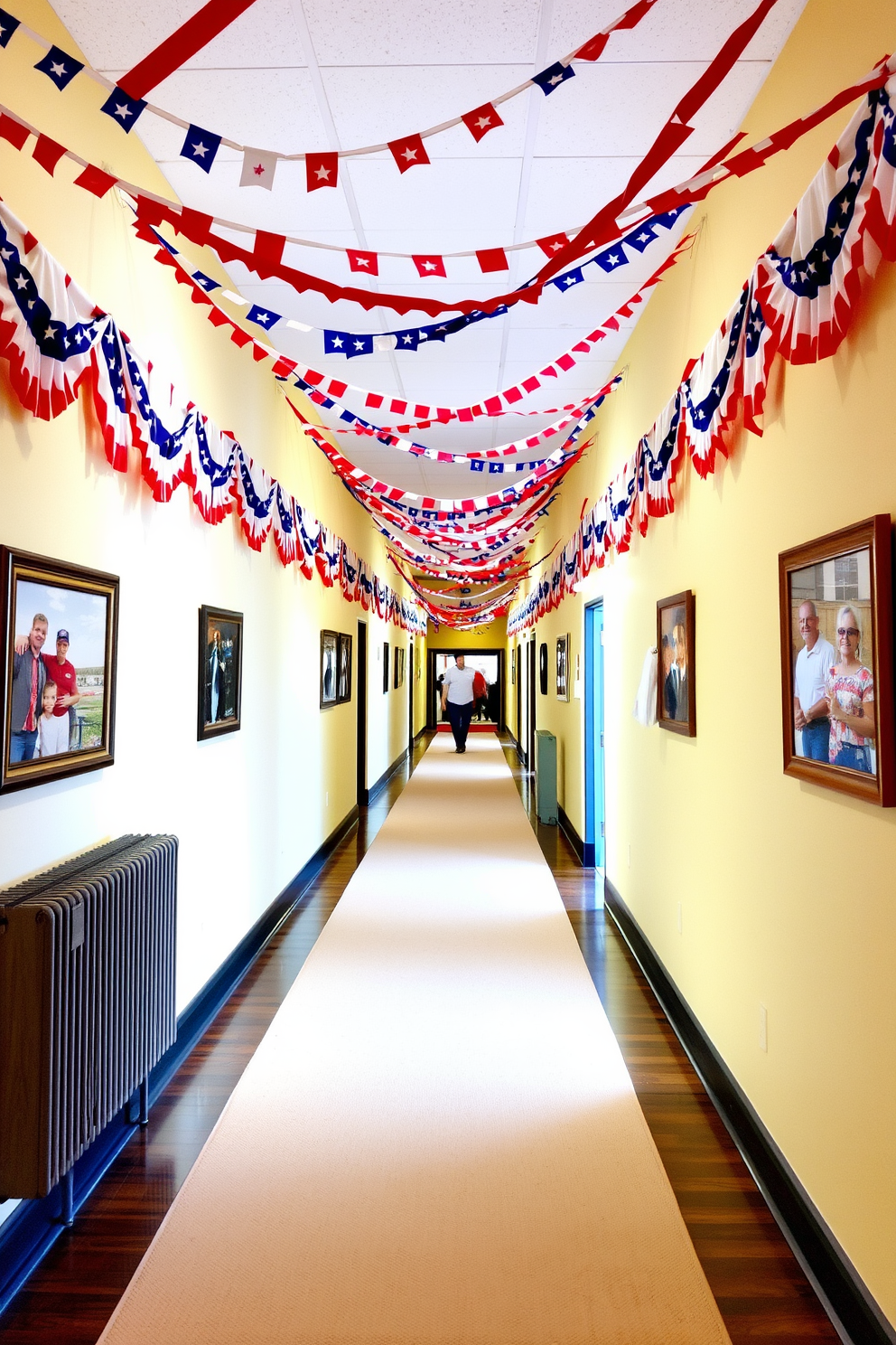 A festive hallway adorned with patriotic bunting draping along the walls creating a vibrant atmosphere. The bunting features red white and blue colors adding a cheerful touch to the Labor Day celebration. The floor is lined with a soft beige runner that complements the decor. On either side of the hallway are framed photographs of past Labor Day events adding a personal touch to the space.