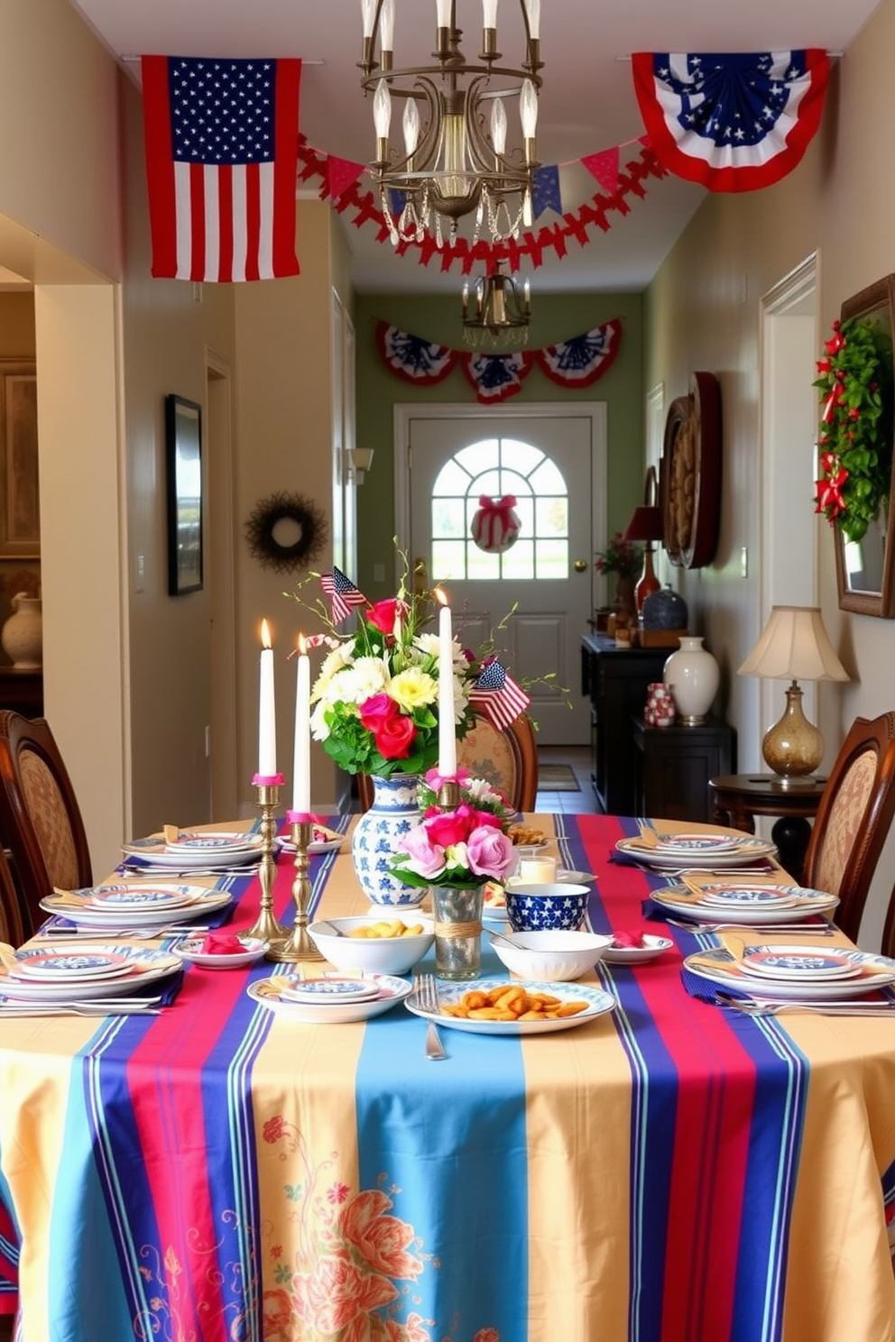 A festive table setting showcasing a vibrant array of themed dishes. The table is adorned with a colorful tablecloth and elegant dinnerware, complemented by seasonal centerpieces of fresh flowers and decorative candles. The Labor Day hallway features a warm welcome with patriotic decorations. Bright banners and tasteful garlands hang along the walls, while a collection of red, white, and blue accents create a festive atmosphere.