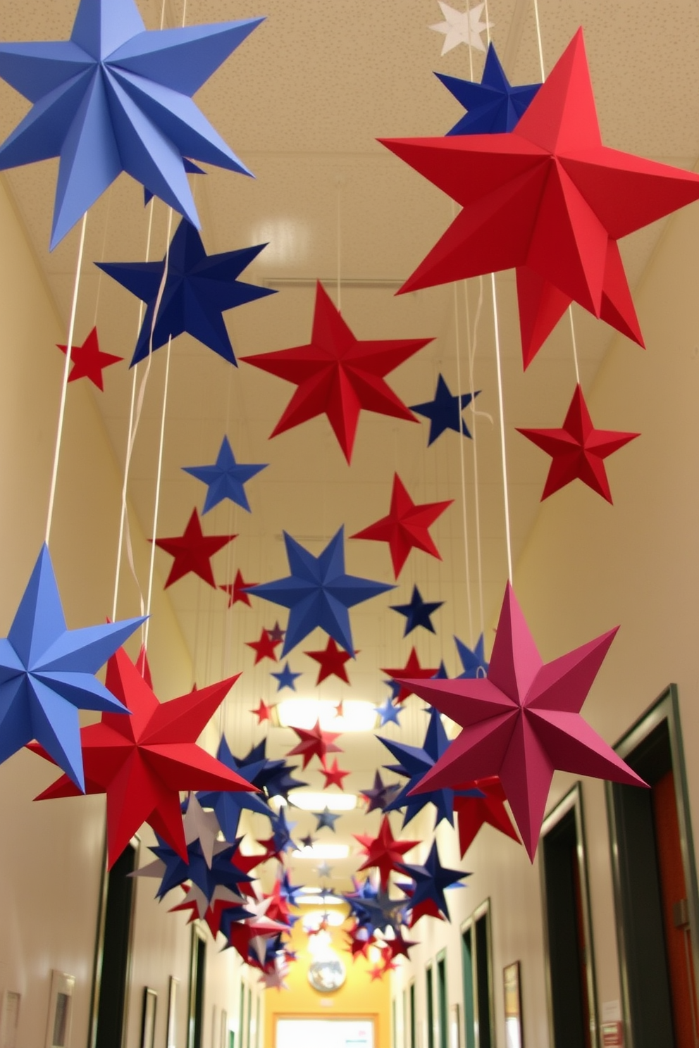 A whimsical hallway decorated for Labor Day features hanging paper stars suspended from the ceiling. The stars are in vibrant red, white, and blue colors, creating a festive atmosphere that celebrates the holiday.