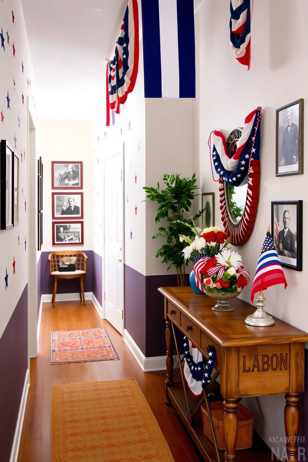 A vibrant hallway adorned with patriotic themed wall decals featuring stars and stripes in red white and blue. The walls are complemented by a series of framed photographs showcasing historical moments in American history. A welcoming Labor Day hallway decorated with subtle red white and blue accents. Festive banners hang from the ceiling while a rustic console table displays seasonal decor and a vase filled with fresh flowers.