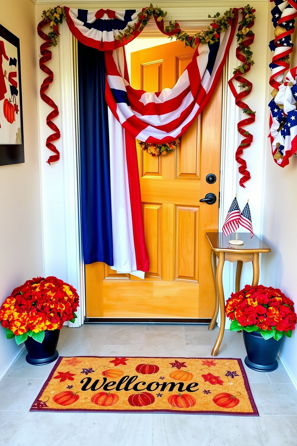 A seasonal welcome mat at the entrance features a vibrant autumn design with leaves and pumpkins. The mat is set against a backdrop of a warm wooden door and flanked by potted chrysanthemums in rich fall colors. Labor Day hallway decorating ideas include a patriotic color scheme with red white and blue accents. Banners and garlands made of fabric hang along the walls while small decorative flags are placed on a console table.