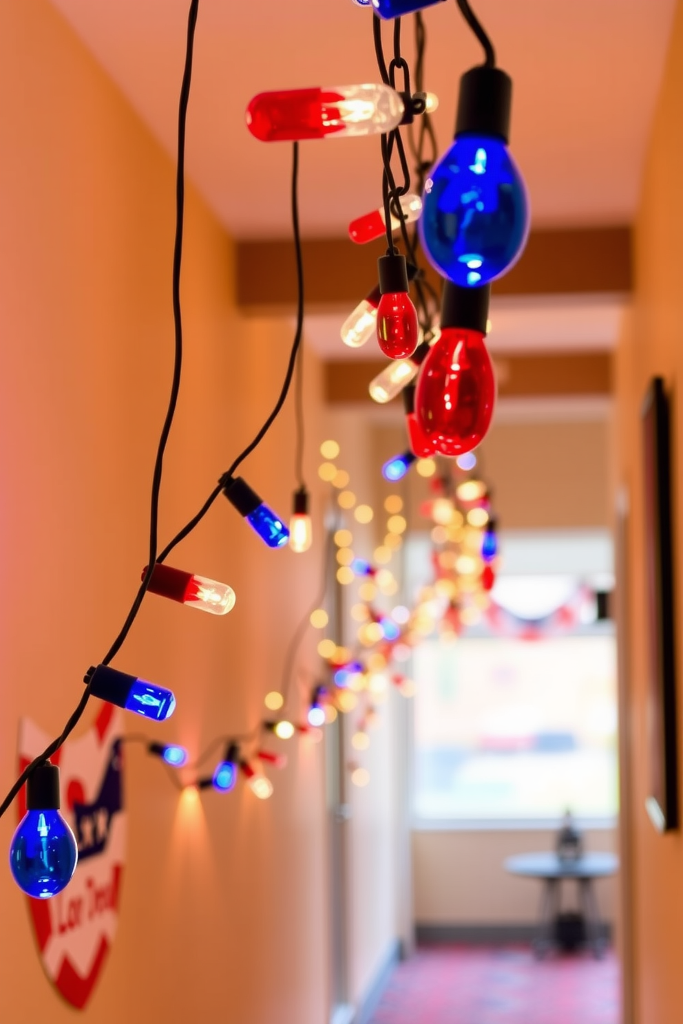 A festive hallway decorated for Labor Day features string lights with red, white, and blue bulbs hanging gracefully along the walls. The warm glow of the lights illuminates the space, creating a welcoming atmosphere for guests celebrating the holiday.