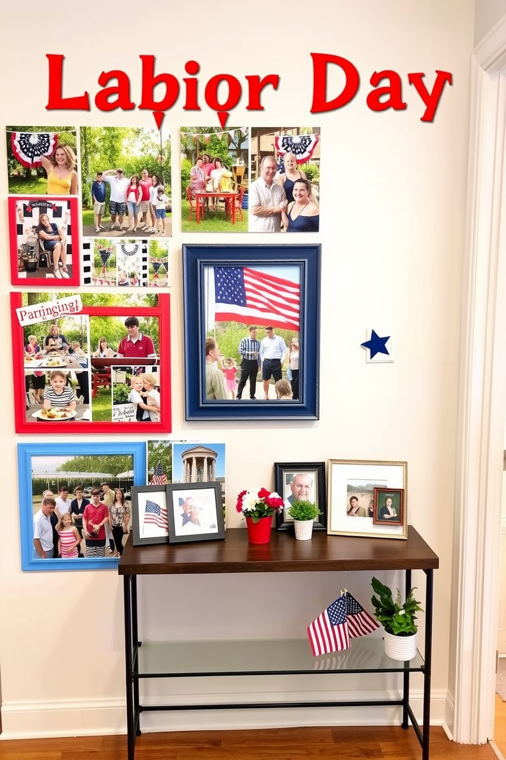 A Labor Day themed photo collage featuring vibrant images of outdoor barbecues, family gatherings, and patriotic decorations. The collage is arranged in a playful layout with a mix of colorful frames and backgrounds that celebrate the spirit of the holiday. Labor Day hallway decorating ideas include hanging red, white, and blue bunting along the walls and placing small potted plants with seasonal flowers on the console table. Additionally, consider adding framed photographs of past Labor Day celebrations to create a personal touch that enhances the festive atmosphere.