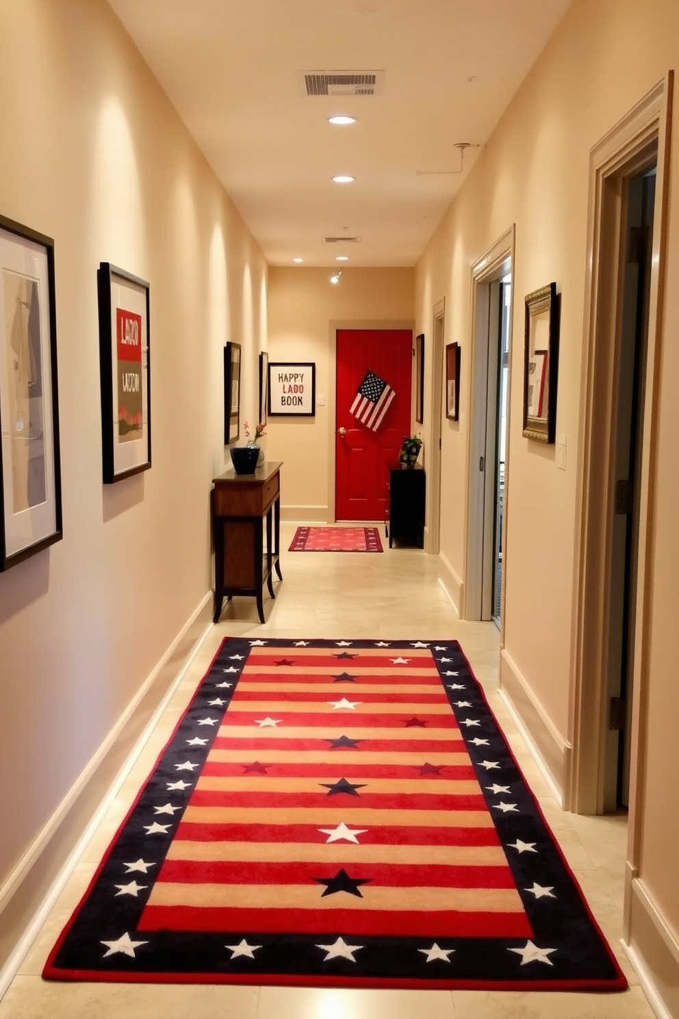 A vibrant hallway adorned with an accent rug featuring stars and stripes. The walls are painted in a soft cream color, complemented by framed artwork that celebrates Labor Day themes.