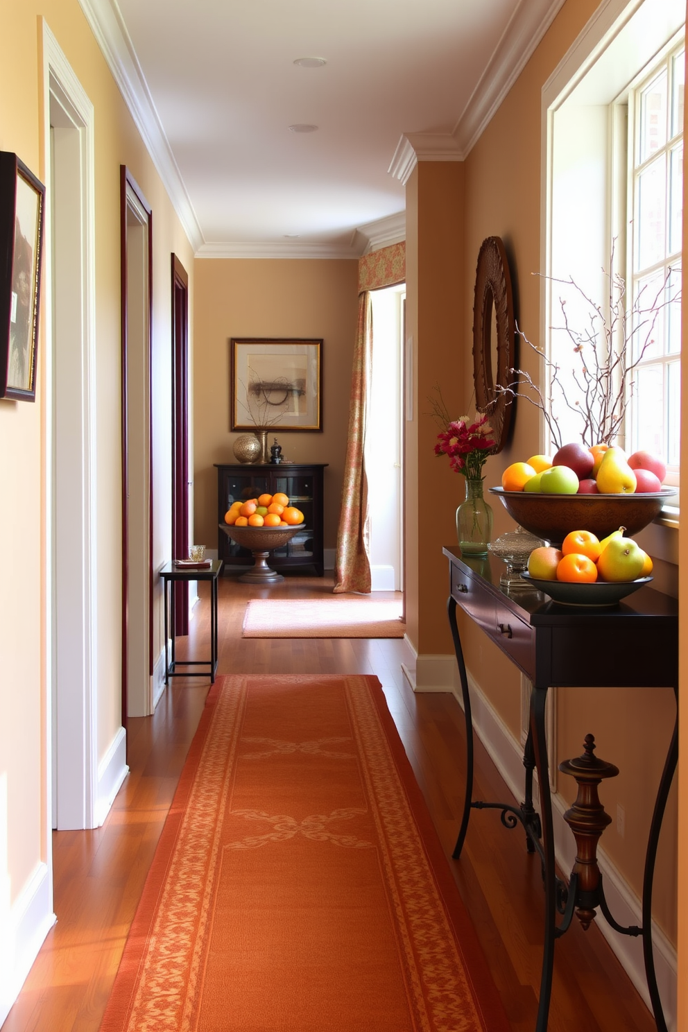 A stylish hallway adorned with decorative bowls filled with seasonal fruit. The walls are painted in a soft beige, and a runner rug in warm tones leads the way, enhancing the inviting atmosphere. At the end of the hallway, a small console table holds a vibrant bowl overflowing with fresh apples, oranges, and pears. Natural light floods the space through a nearby window, highlighting the rich colors of the fruit and creating a cheerful ambiance.