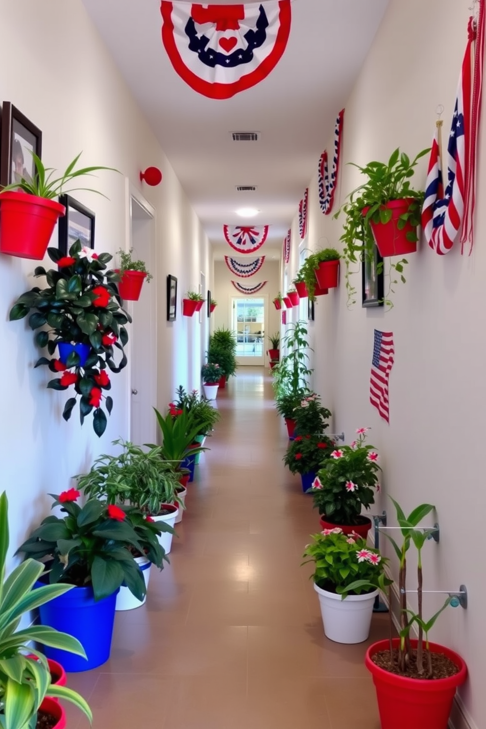 A vibrant hallway filled with potted plants in red, white, and blue pots creates a festive atmosphere. The plants are arranged along the walls, adding life and color to the space while celebrating Labor Day. The walls are adorned with subtle patriotic decorations such as framed artwork and garlands. Soft lighting illuminates the hallway, enhancing the cheerful ambiance and inviting guests to explore further.