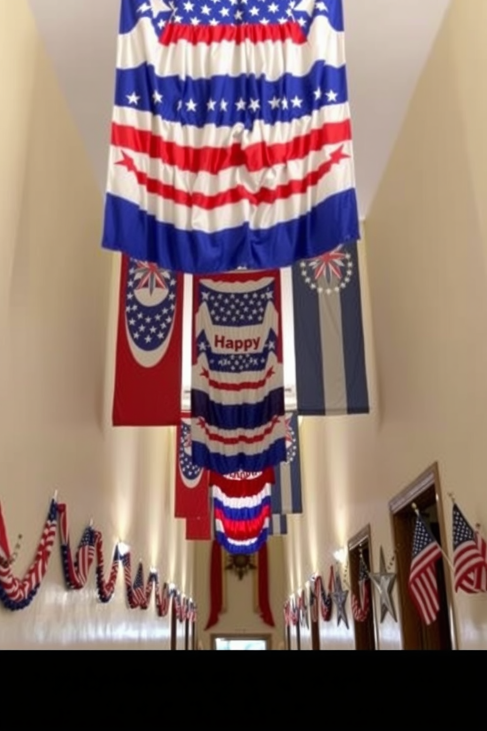 A hallway adorned with hanging patriotic banners creates a festive atmosphere. The banners feature vibrant red, white, and blue colors, celebrating national pride and unity. Incorporate decorative elements like star-shaped garlands and small American flags on the walls. Use subtle lighting to enhance the colors of the banners and create an inviting space for guests.