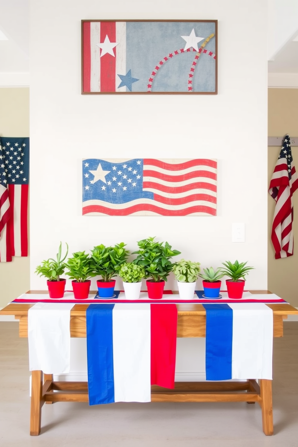 A festive hallway setting adorned with red white and blue table runners. The table runners drape elegantly over a long wooden console table, creating a vibrant display for Labor Day celebrations. On the walls, patriotic artwork features stars and stripes, enhancing the holiday spirit. A cluster of small potted plants in red white and blue pots lines the table, adding a touch of greenery and charm.