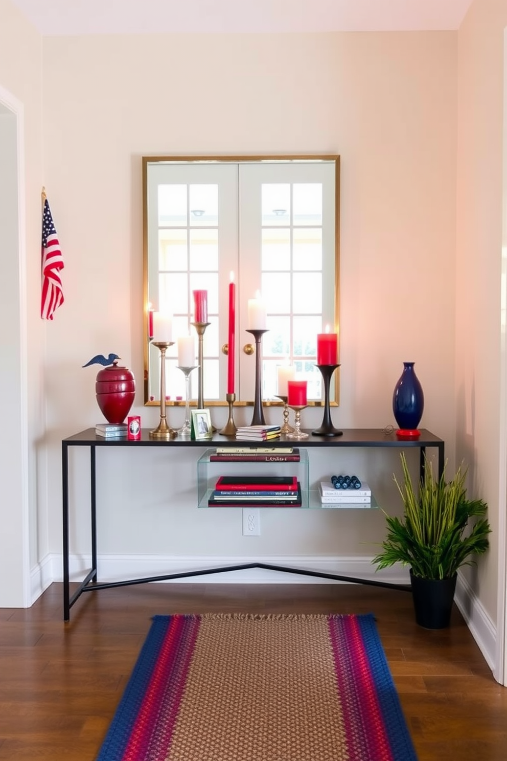 A festive hallway adorned with seasonal candles in red, white, and blue creates a welcoming atmosphere. The candles are arranged on a sleek console table, surrounded by decorative accents that celebrate Labor Day. The walls are painted in a soft neutral tone, providing a perfect backdrop for the vibrant colors of the candles. A woven runner in coordinating colors stretches along the floor, adding texture and warmth to the space.