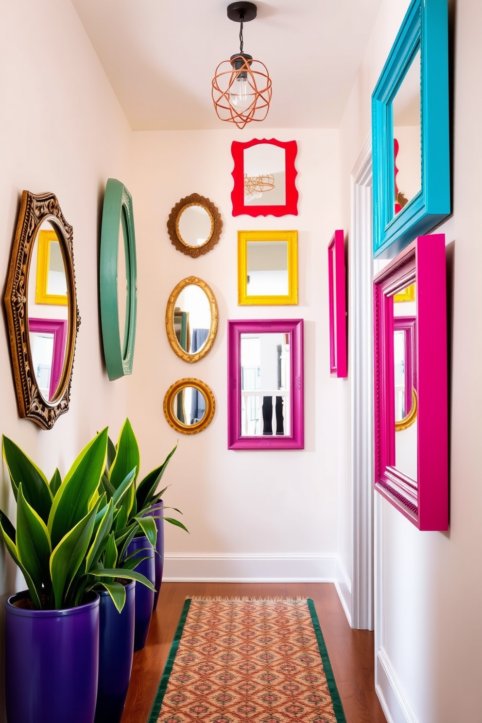 A stylish hallway adorned with decorative mirrors featuring colorful frames. The walls are painted in a soft neutral tone, and a runner rug adds warmth to the space. Vibrant framed mirrors of various shapes create an eye-catching focal point in the hallway. Fresh greenery in decorative pots complements the colorful accents and enhances the inviting atmosphere.