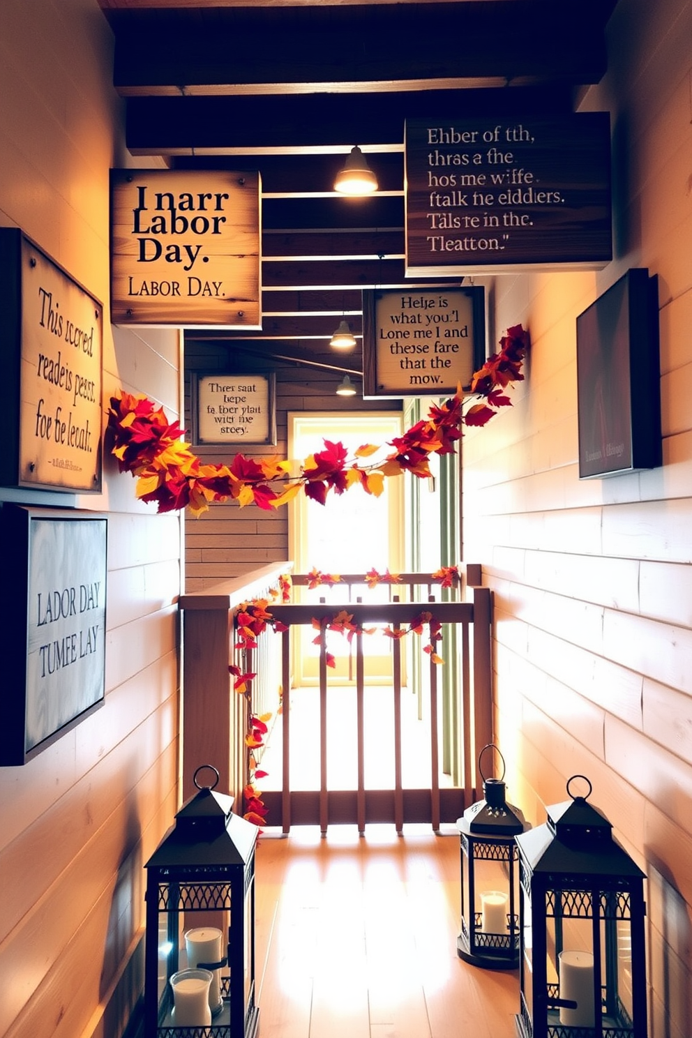 Rustic wooden signs displaying Labor Day quotes hang on the walls, each sign featuring a different inspirational message. The hallway is adorned with warm lighting that highlights the natural grain of the wood, creating a welcoming atmosphere. Colorful garlands made of autumn leaves drape along the railing, adding a festive touch to the space. Vintage-style lanterns sit on the floor, casting a soft glow and enhancing the rustic charm of the hallway decor.