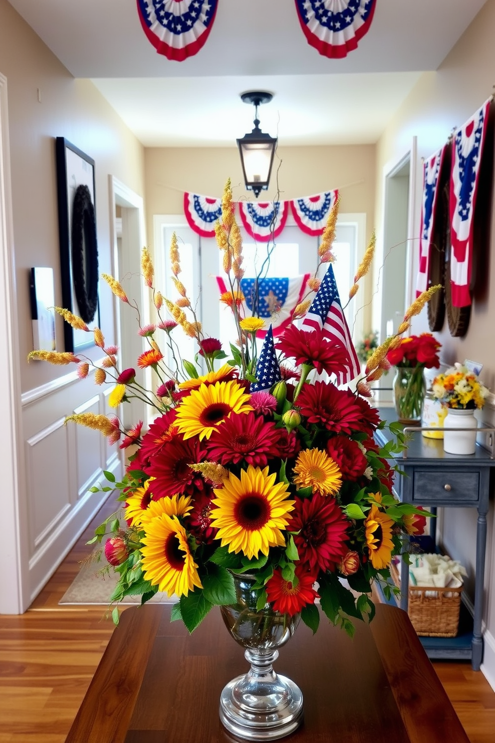 A vibrant centerpiece adorned with seasonal flowers in rich autumn hues. The arrangement features sunflowers, chrysanthemums, and dahlias, surrounded by lush greenery in an elegant vase. A welcoming hallway decorated for Labor Day with patriotic accents. The walls are adorned with red, white, and blue banners, while a console table displays a collection of themed decor items and seasonal flowers.