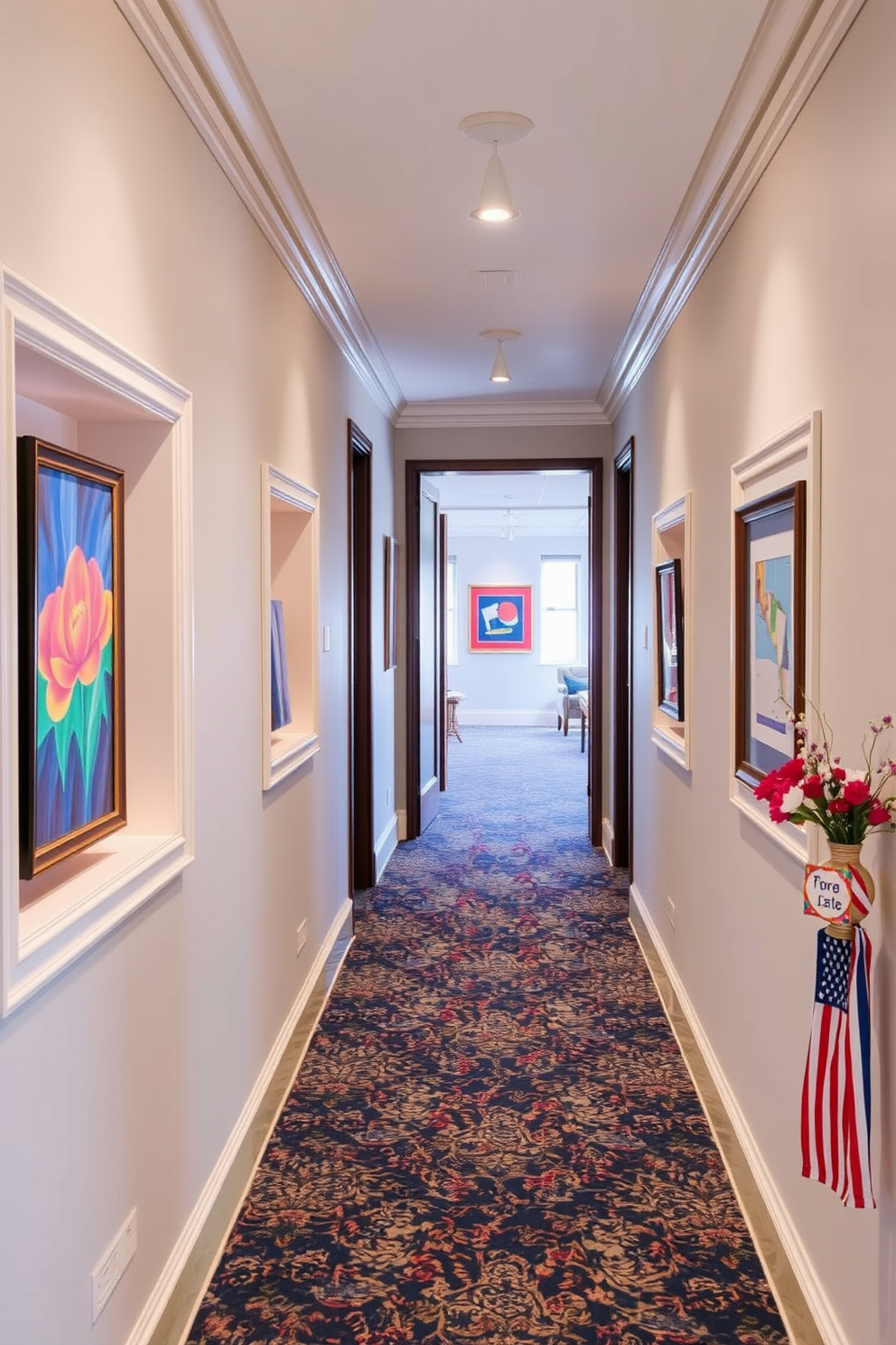 Colorful art pieces are displayed in elegant niches along the hallway walls. Each niche features a unique piece of artwork that adds vibrancy and character to the space. The hallway is adorned with decorative accents that celebrate Labor Day themes. Subtle touches of red, white, and blue complement the colorful art, creating a festive yet sophisticated atmosphere.