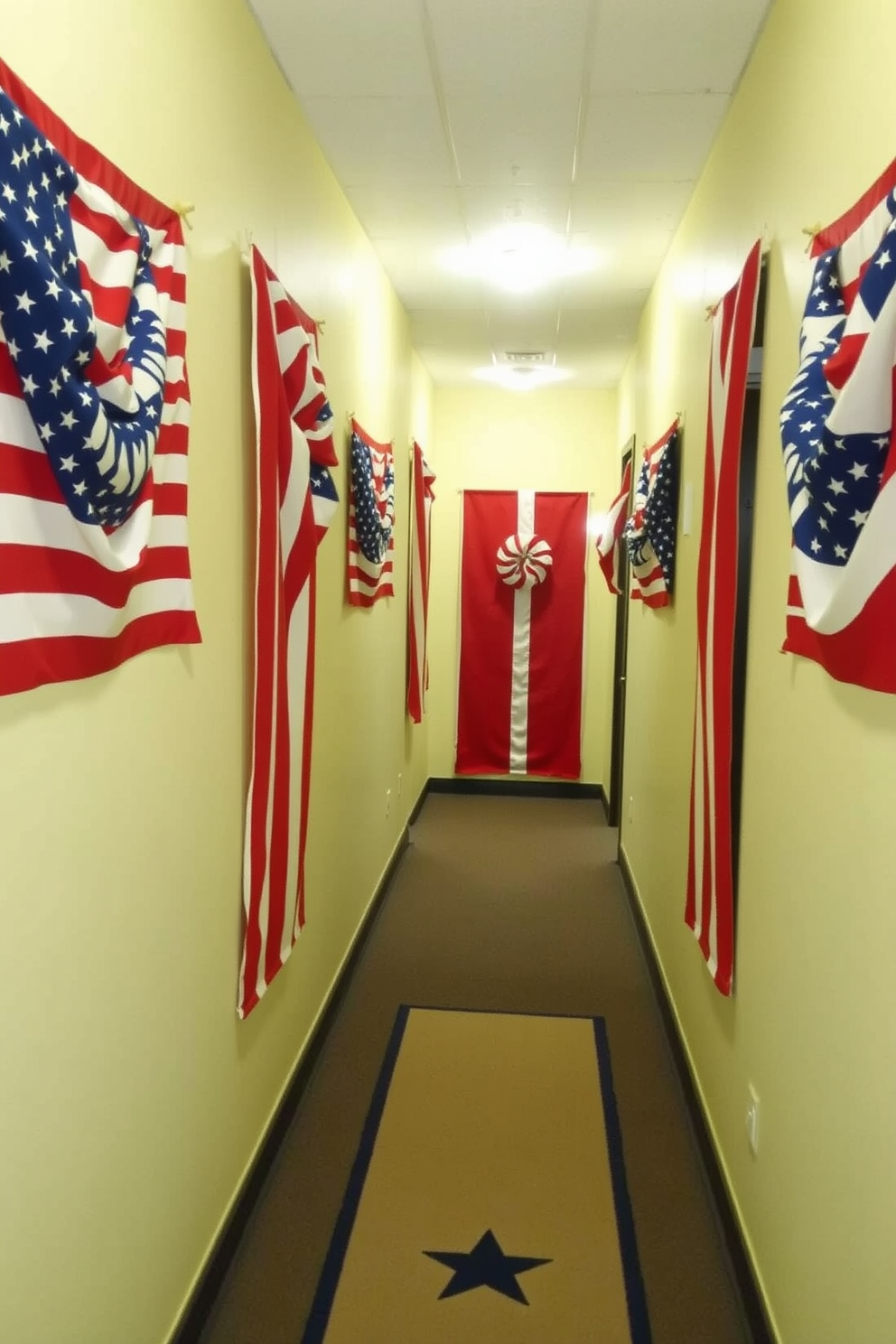 A hallway adorned with patriotic themed fabric wall hangings. The fabric features bold red, white, and blue patterns, creating a festive atmosphere for Labor Day celebrations. The walls are painted in a soft cream color to complement the vibrant fabric. A runner with a subtle star pattern lays on the floor, guiding guests through the hallway.