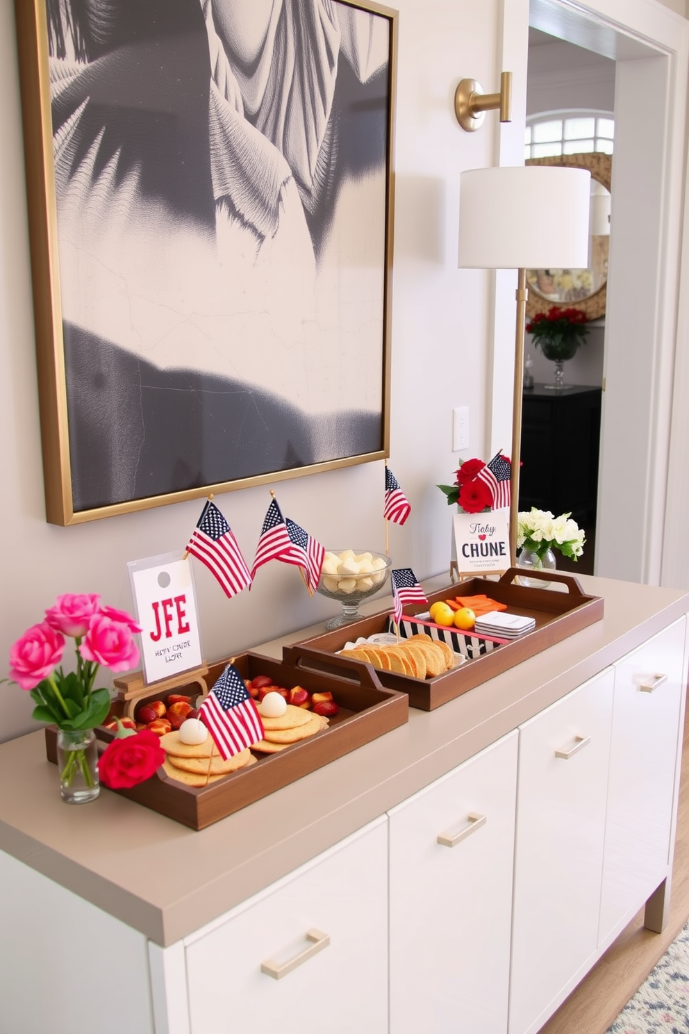 A stylish hallway adorned with decorative trays featuring themed snacks for Labor Day. The trays are arranged on a sleek console table, surrounded by seasonal decorations like small American flags and vibrant flowers.