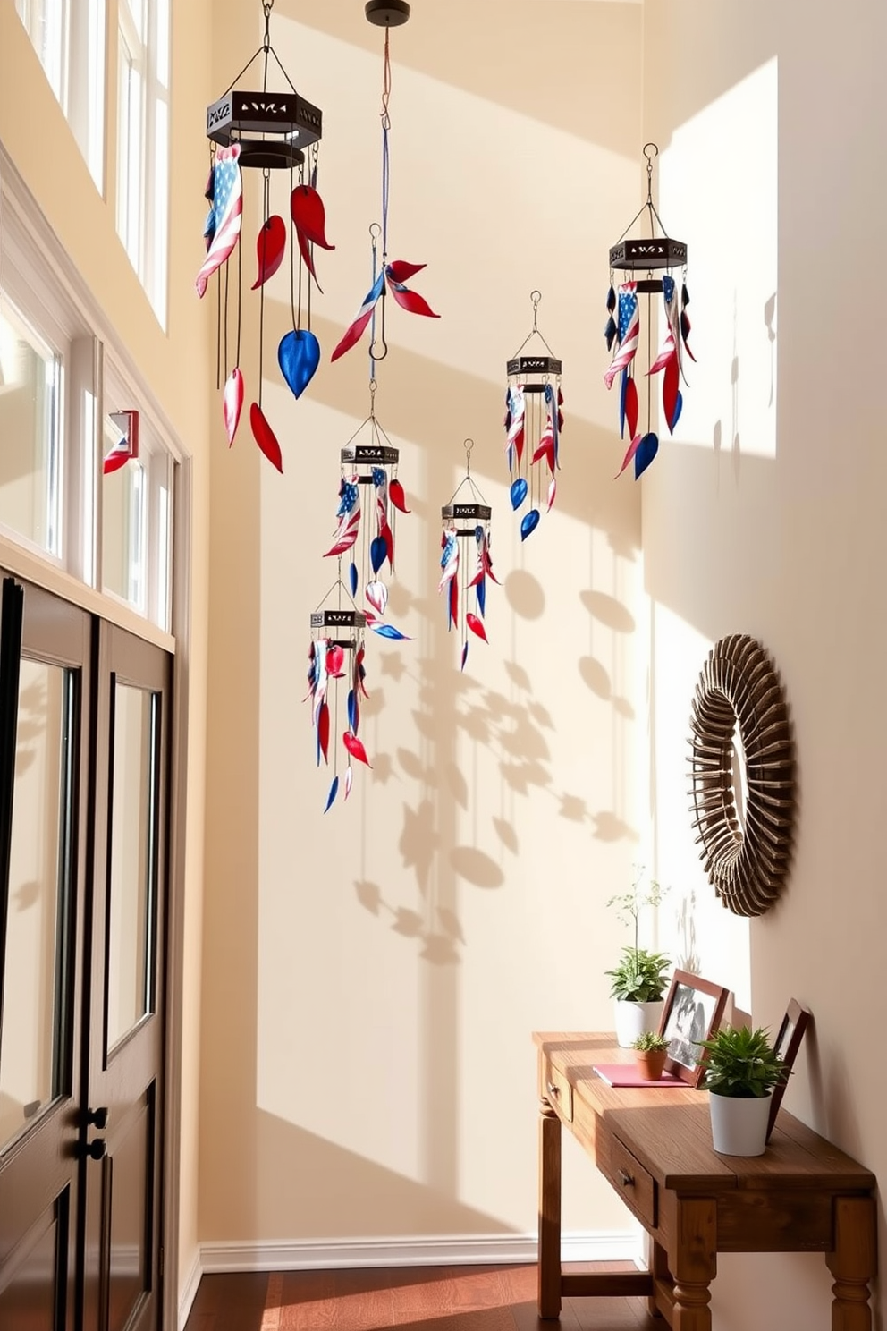 A serene hallway adorned with hanging wind chimes in patriotic colors. The chimes gently sway in the breeze, casting colorful shadows on the walls. The walls are painted in a soft cream hue, creating a warm and inviting atmosphere. A rustic wooden console table is placed against one side, decorated with small potted plants and framed family photos.