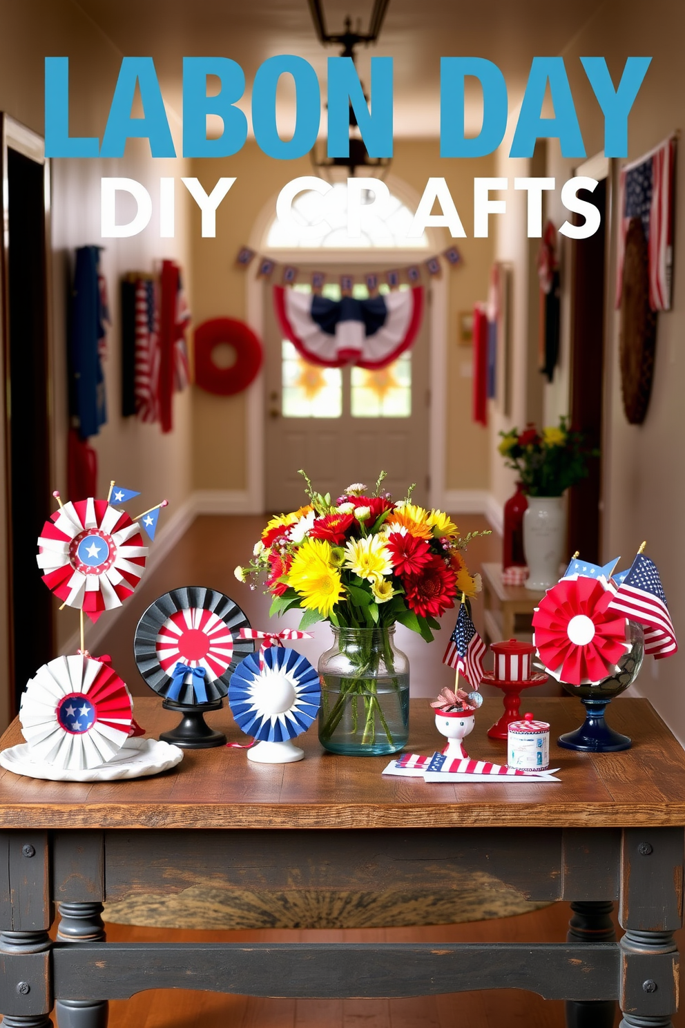 A collection of Labor Day themed DIY crafts is beautifully arranged on a rustic wooden table. Each craft showcases patriotic colors of red, white, and blue, featuring handmade decorations like banners, wreaths, and centerpieces. The hallway is adorned with festive Labor Day decorations that create a warm and inviting atmosphere. Striped bunting and small flags hang from the walls, while a table displays seasonal flowers in a vase, enhancing the celebratory mood.