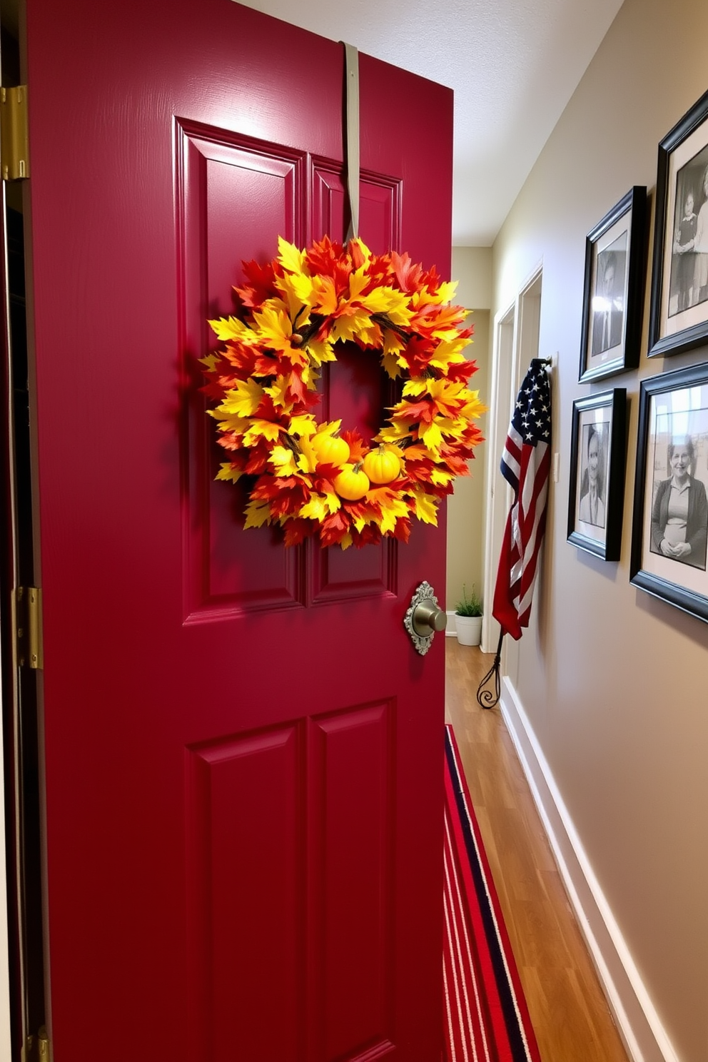 A seasonal wreath made of vibrant autumn leaves and small pumpkins adorns the front door, welcoming guests with a festive touch. The door is painted in a rich burgundy color, complementing the warm tones of the wreath. In the hallway, elegant decorations for Labor Day include a stylish runner rug featuring red, white, and blue stripes. Flanking the hallway are framed black and white photos of past Labor Day celebrations, adding a nostalgic charm to the space.