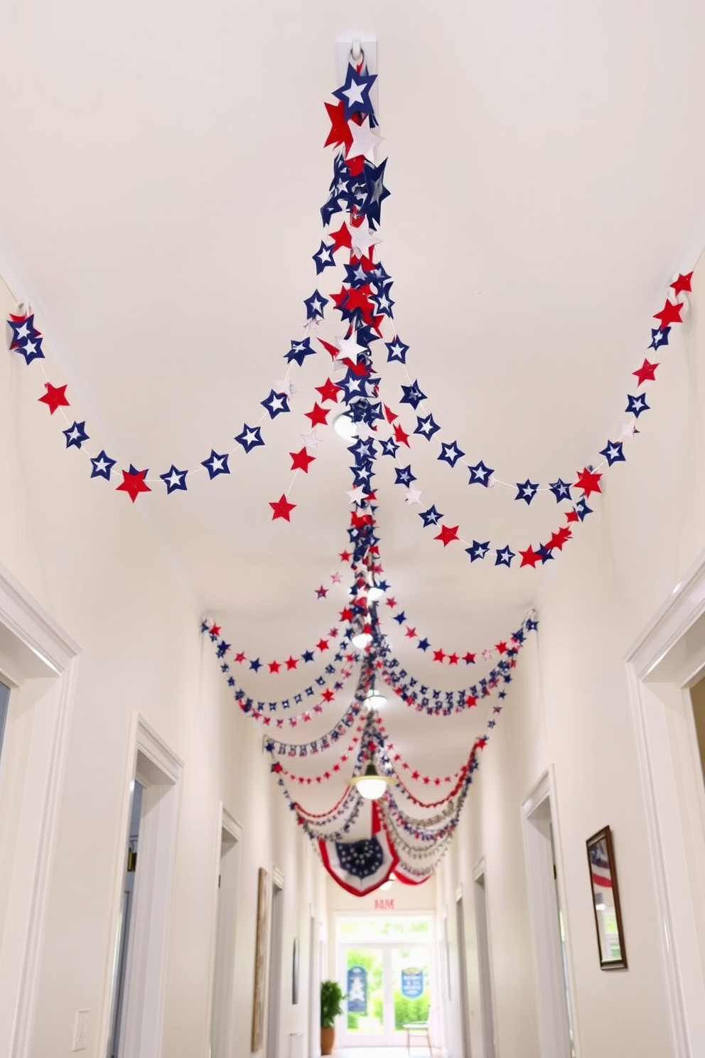 A festive hallway adorned with a stars and stripes garland draped elegantly across the ceiling. The walls are painted in a soft white, creating a bright and inviting atmosphere for Labor Day celebrations.