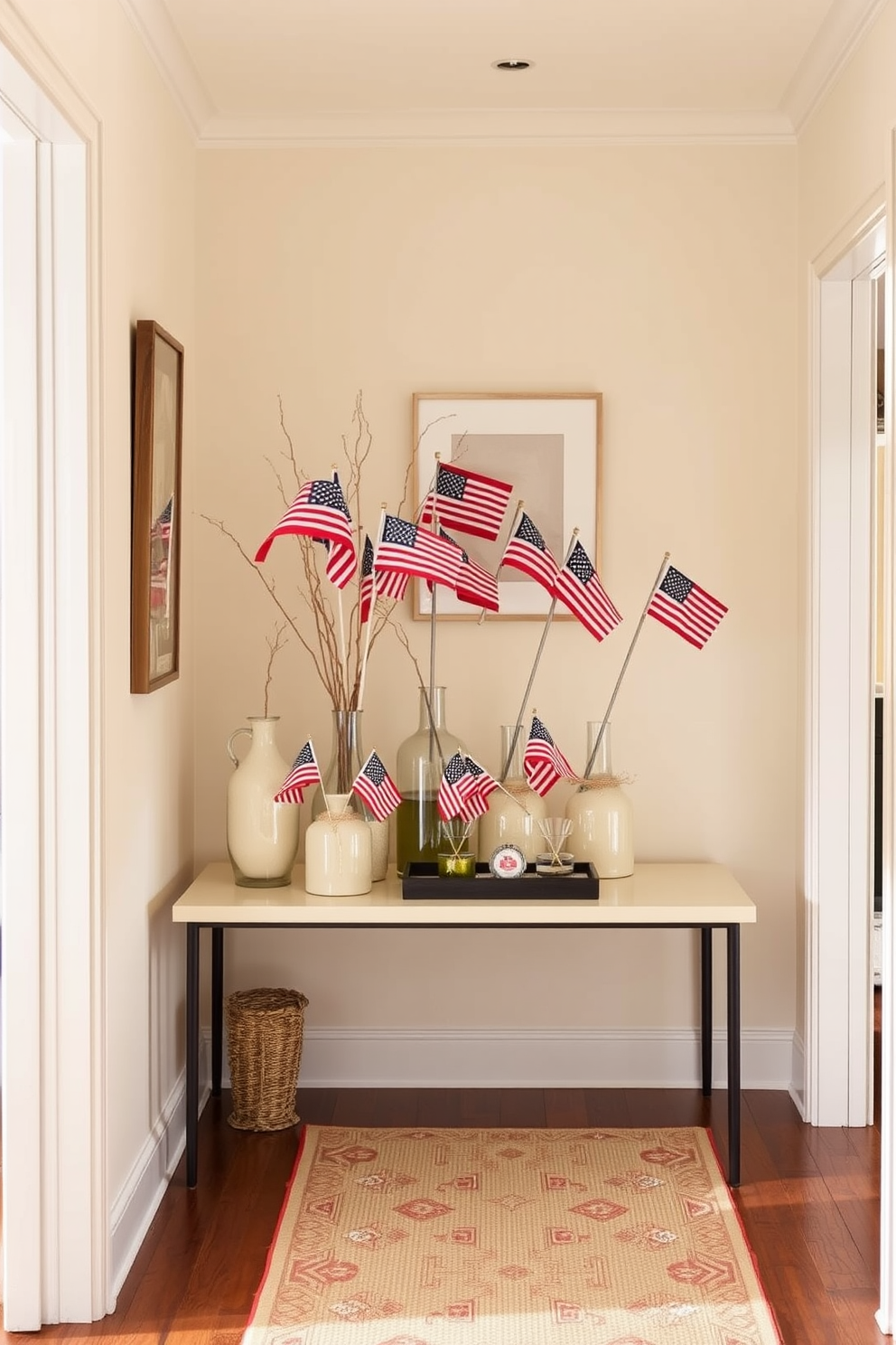 A hallway adorned with decorative vases featuring miniature flags in vibrant colors. The vases are arranged on a console table, creating a festive atmosphere that celebrates Labor Day. The walls are painted in a soft cream hue, enhancing the brightness of the space. A runner rug with subtle patterns leads the way, adding warmth and texture to the hallway.