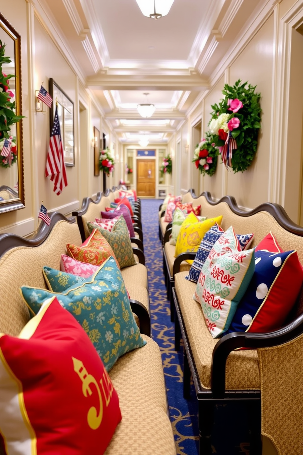 Colorful throw pillows are arranged on elegant benches along a spacious hallway. The pillows feature a variety of vibrant patterns and textures, adding warmth and personality to the space. Labor Day decorations adorn the hallway, showcasing festive elements like small American flags and seasonal flowers. Subtle lighting highlights the decor, creating an inviting atmosphere for guests.