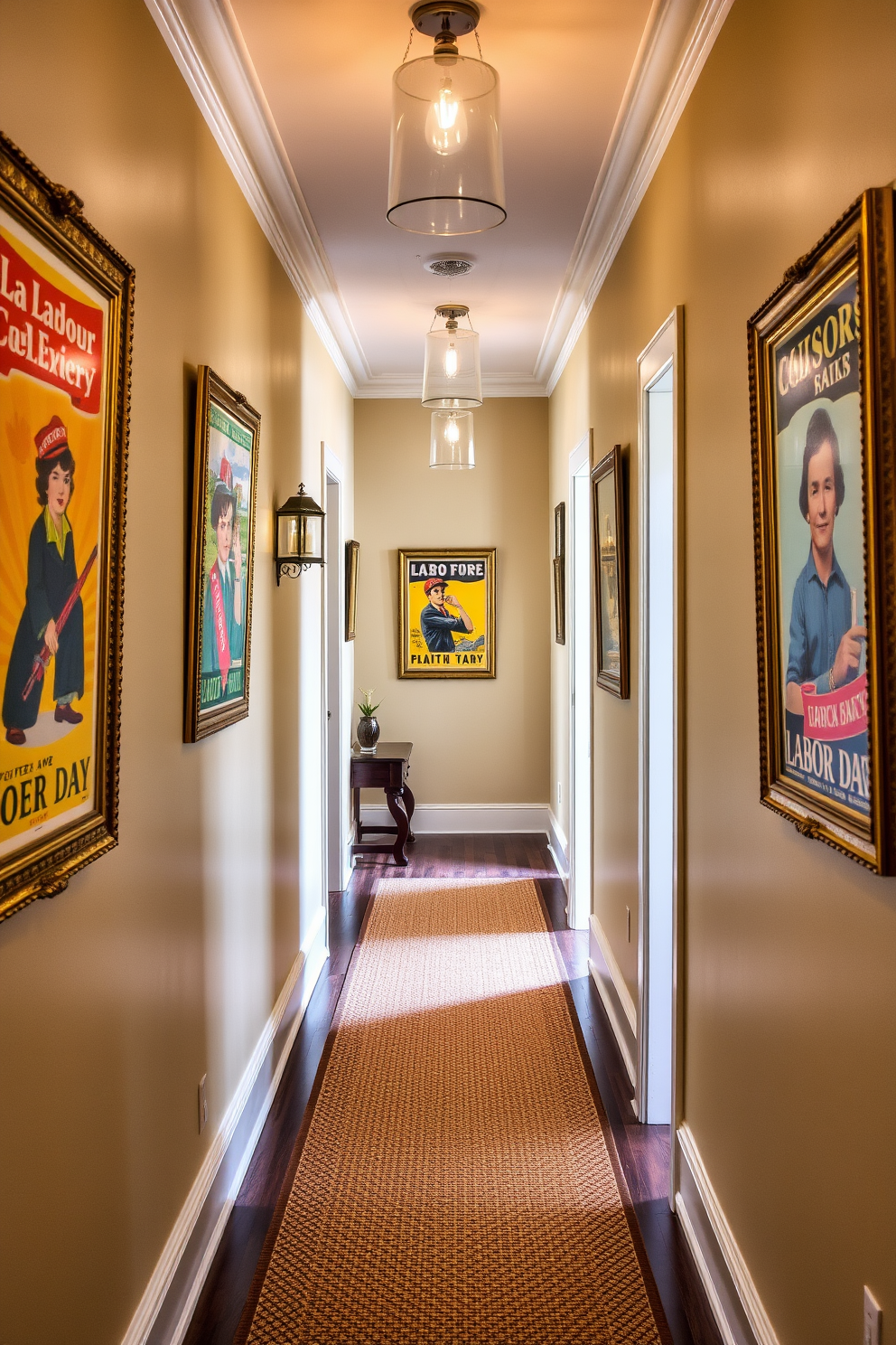 A hallway adorned with vintage labor posters in elegant frames creates a nostalgic atmosphere. The posters feature bold graphics and vibrant colors, adding character to the space while celebrating the spirit of Labor Day. To enhance the decor, consider incorporating a warm color palette with soft lighting. A runner rug in earthy tones can complement the vintage theme, guiding guests through the hallway.