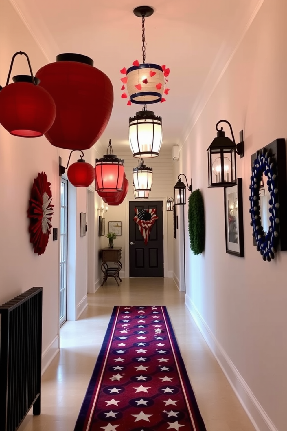 A hallway adorned with decorative lanterns in red, white, and blue hues. The lanterns are hung at varying heights from the ceiling, casting a warm and inviting glow throughout the space. The walls are embellished with subtle patriotic artwork, creating a festive atmosphere. A runner rug featuring stars and stripes stretches down the hallway, complementing the overall theme.