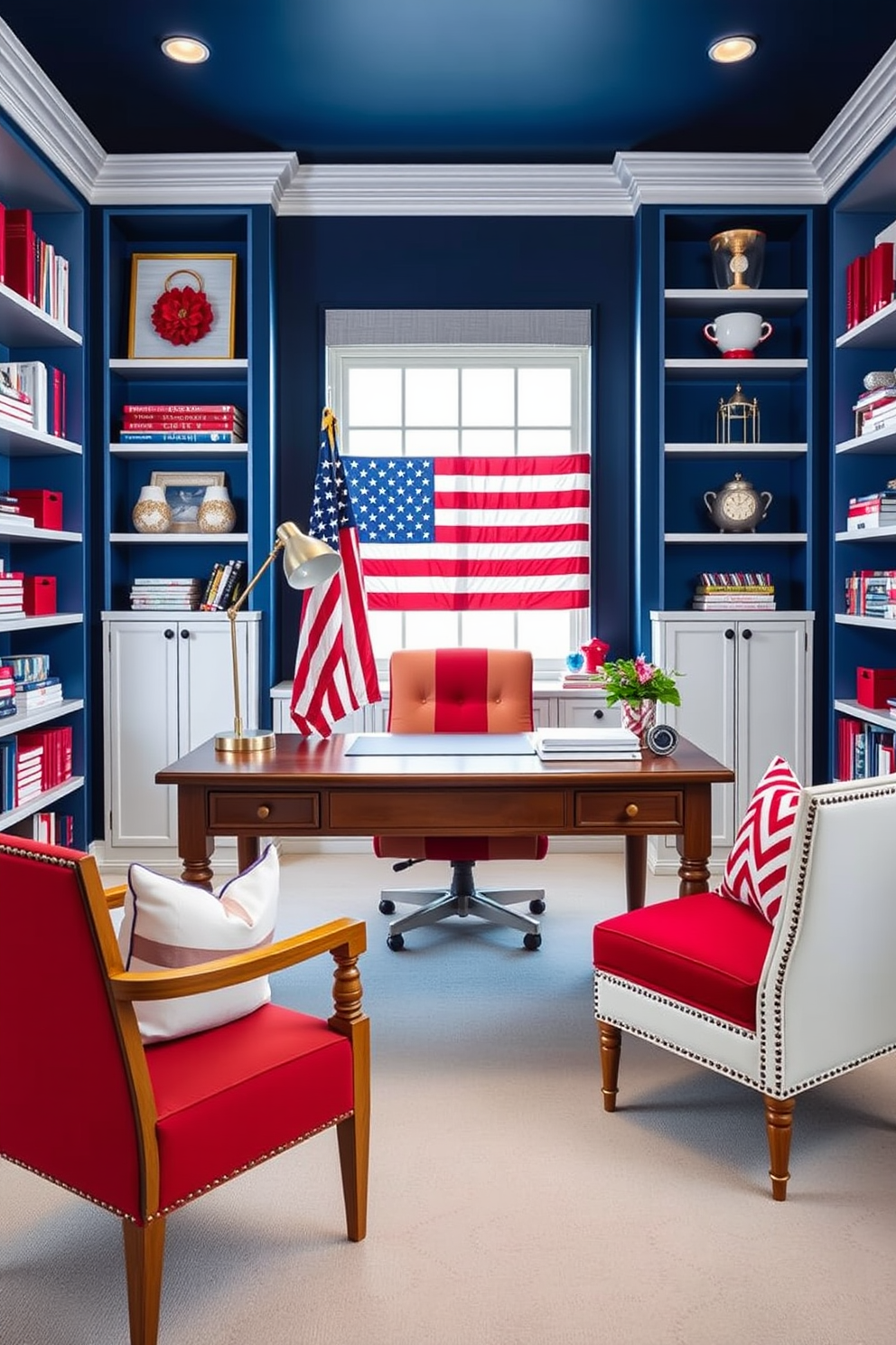 A stylish home office that incorporates patriotic colors in its decor. The walls are painted in a deep navy blue, while the furniture features accents of bright red and crisp white. A large wooden desk sits in the center, adorned with a vintage American flag and a sleek desk lamp. Bookshelves filled with red, white, and blue themed books and decorative items create a cohesive look throughout the space.