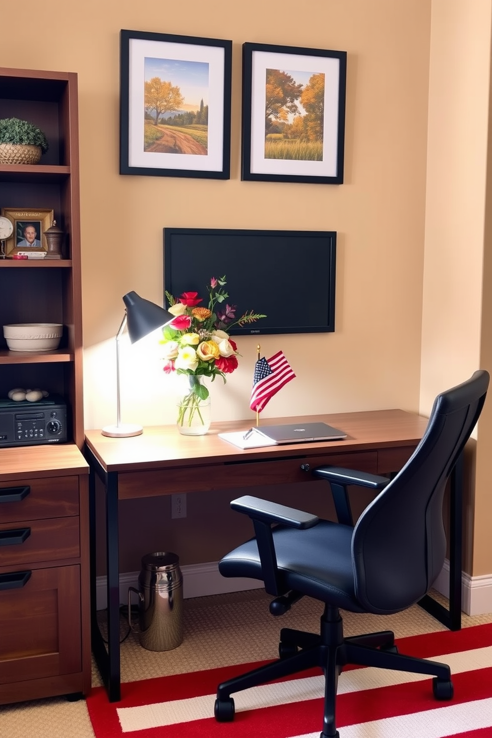 A stylish home office designed for Labor Day celebrations. The space features a sleek wooden desk adorned with a vase of seasonal flowers, bringing a touch of nature indoors. The walls are painted in a warm beige tone, complemented by a comfortable ergonomic chair in navy blue. A cozy area rug in red and white stripes adds a festive touch, while framed artwork depicting autumn scenes hangs above the desk.