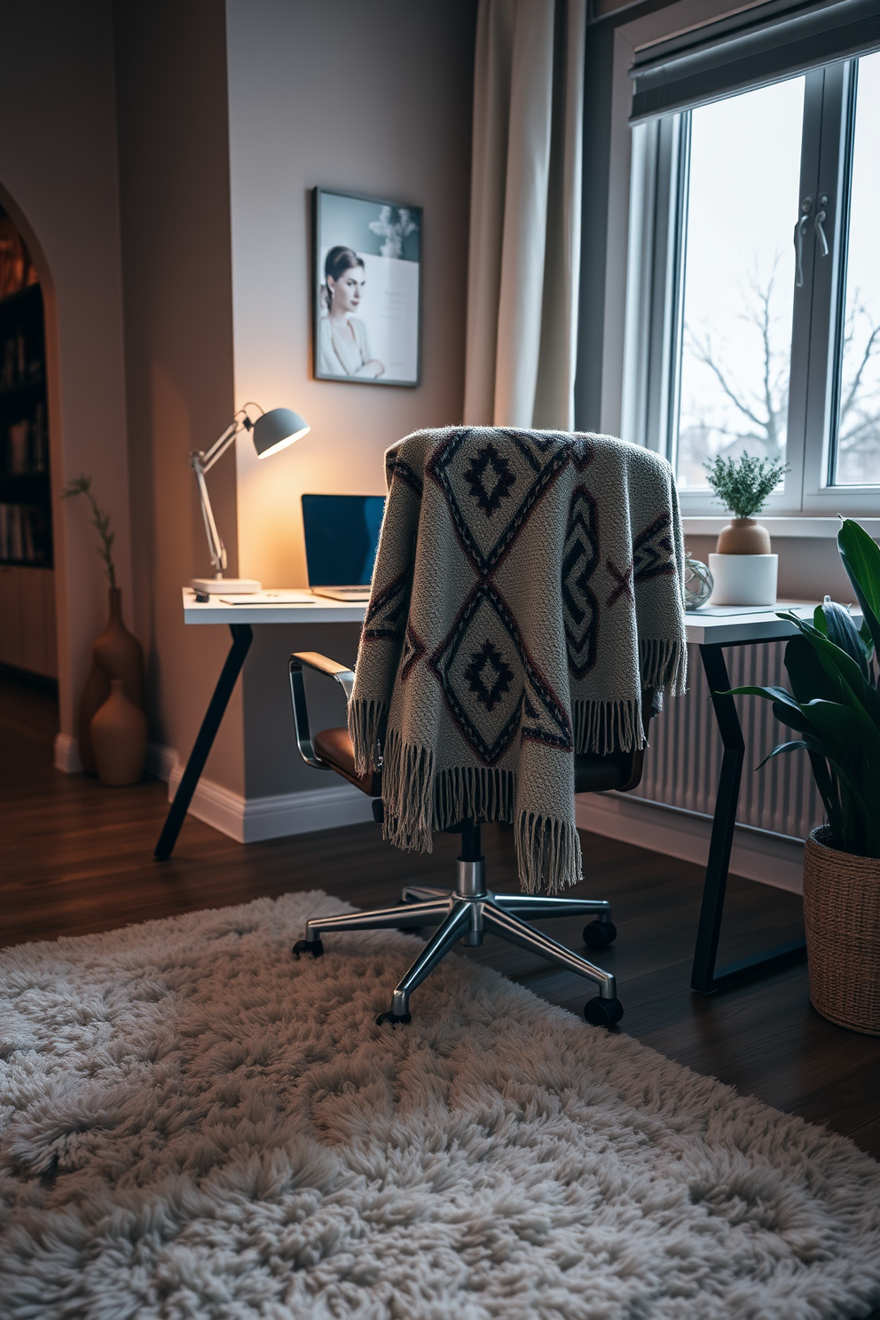 A cozy home office space that exudes comfort and style. The room features a modern desk with a sleek design, adorned with a decorative throw blanket draped over the chair for added warmth. Soft ambient lighting creates a welcoming atmosphere, while a large window allows natural light to flood the room. A plush area rug anchors the space, complementing the throw blanket and enhancing the overall comfort of the office.