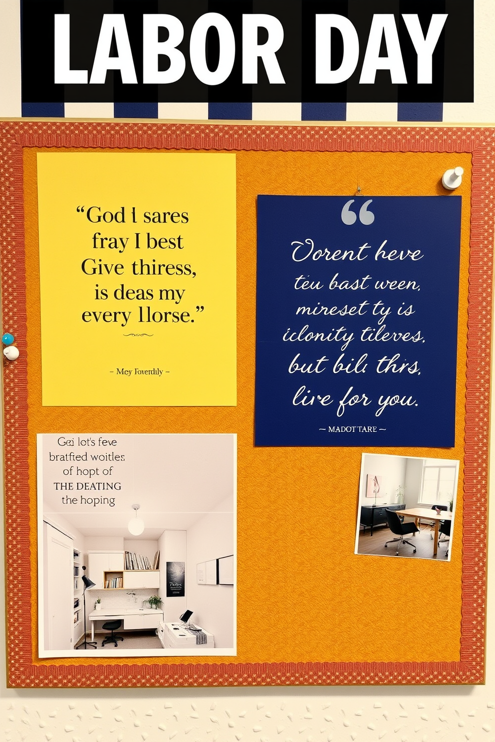 Create a bulletin board that showcases inspiring quotes related to Labor Day and home office decorating ideas. The board features a mix of colorful backgrounds and elegant typography to enhance the visual appeal. Incorporate elements like push pins, washi tape, and decorative borders to give the bulletin board a personalized touch. Add images of stylish home office setups alongside the quotes to inspire creativity and productivity.