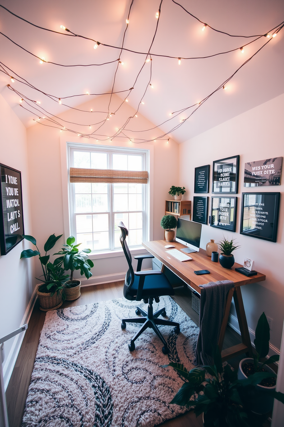 A cozy home office setting with string lights draped across the ceiling to create a warm ambiance. The desk is made of reclaimed wood and features a comfortable ergonomic chair, while a large window allows natural light to fill the space. On the walls, inspirational art pieces are framed in black, adding a modern touch. A plush area rug in neutral tones anchors the room, and potted plants bring a touch of greenery to the decor.