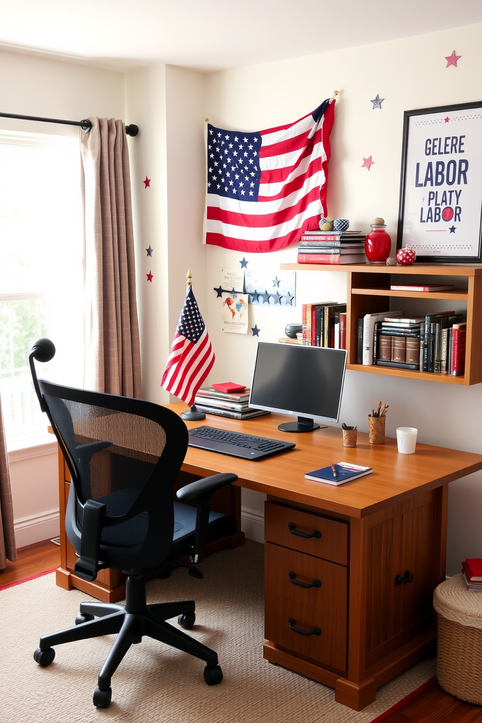 Create a cozy home office space that features wall decals with patriotic themes celebrating Labor Day. The room includes a sturdy wooden desk, a comfortable ergonomic chair, and shelves adorned with books and decorative items in red, white, and blue. Natural light floods the room through a large window, with curtains that complement the patriotic color scheme. A small American flag stands proudly on the desk, and a motivational poster with a Labor Day quote is framed on the wall.