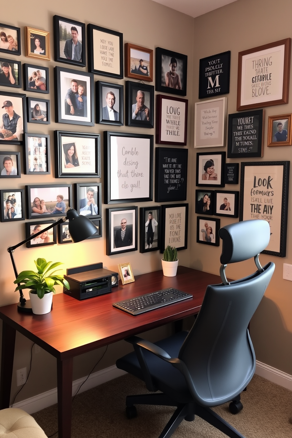 A cozy home office space featuring a gallery wall filled with framed memories and artwork. The wall displays a mix of family photos and inspirational quotes in various frame styles, creating a personal touch. The office desk is sleek and modern, made of dark wood with a comfortable ergonomic chair. A stylish desk lamp provides warm lighting, while a potted plant adds a touch of greenery to the workspace.