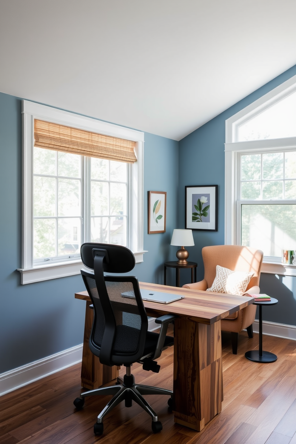 A cozy home office featuring a stylish desk made of reclaimed wood paired with a modern ergonomic chair. The walls are painted in a soft blue hue, and a large window allows natural light to flood the space, creating an inviting atmosphere. In one corner, a comfortable reading chair upholstered in a warm fabric is positioned next to a small side table. Decorative elements such as a potted plant and framed artwork add personality to the room while maintaining a professional aesthetic.