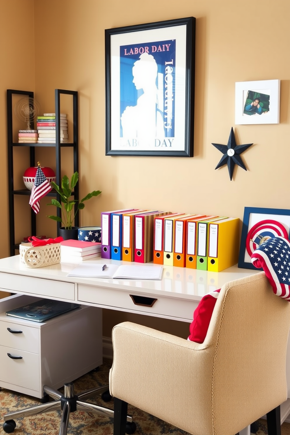 Create a vibrant home office space featuring colorful file organizers neatly arranged on a stylish desk. The walls are painted in a warm beige, complemented by a cozy chair and decorative accents that celebrate the Labor Day theme.