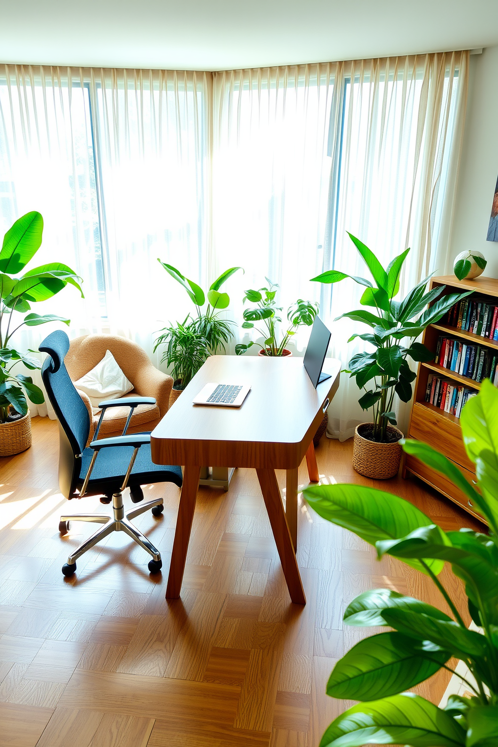 A stylish home office that embodies a fresh and inviting atmosphere. The space features a sleek wooden desk with a comfortable ergonomic chair, surrounded by lush green plants that bring life to the room. Natural light floods in through large windows adorned with sheer curtains, creating a warm and productive environment. A cozy reading nook is positioned in one corner, complete with a plush armchair and a small bookshelf filled with inspiring titles.