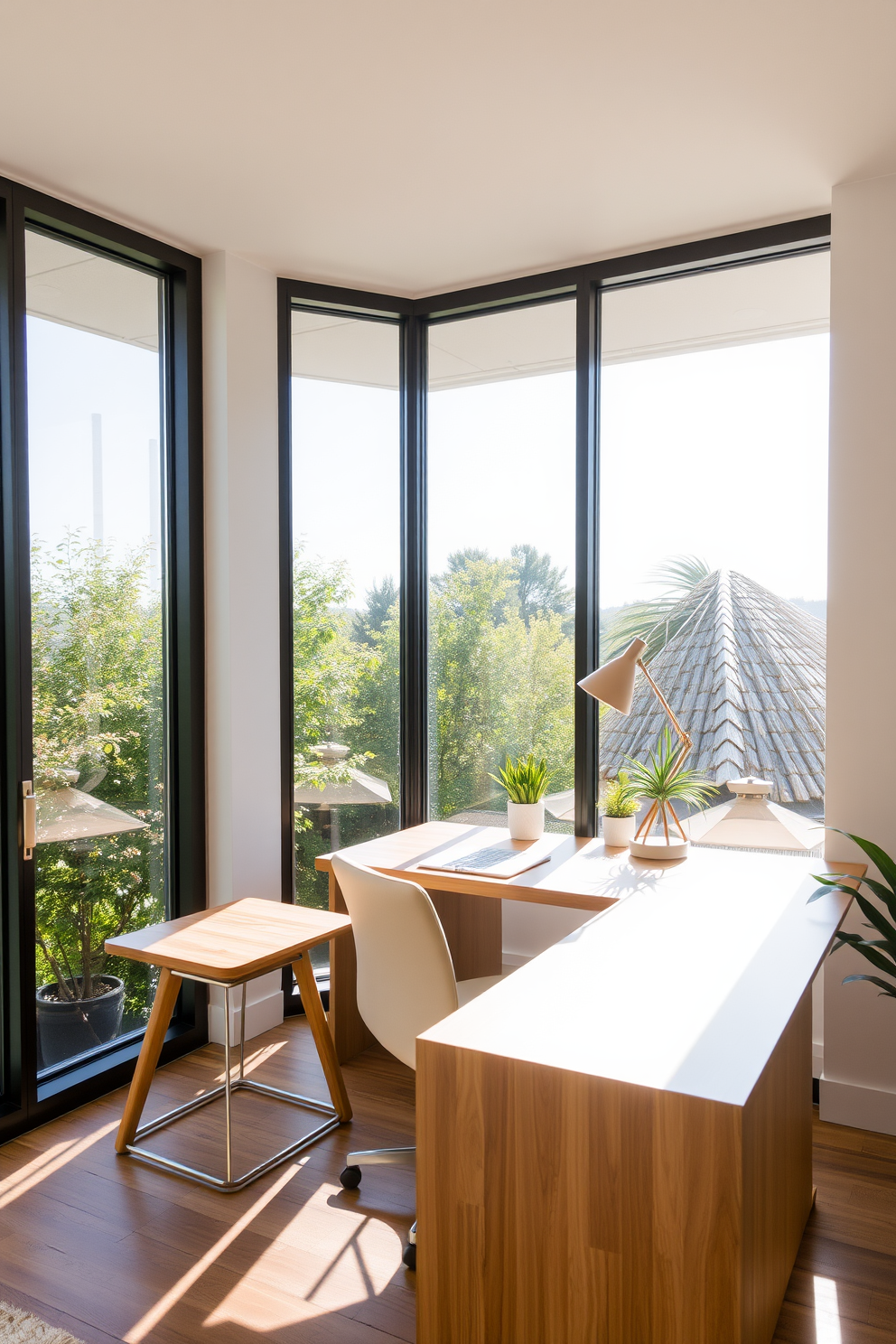 A bright and airy workspace filled with natural light. Large windows allow sunlight to flood the room, highlighting a sleek wooden desk positioned near the glass. The desk is adorned with minimalistic decor, including a stylish lamp and a few potted plants. A comfortable chair complements the desk, inviting productivity and creativity in this serene environment.