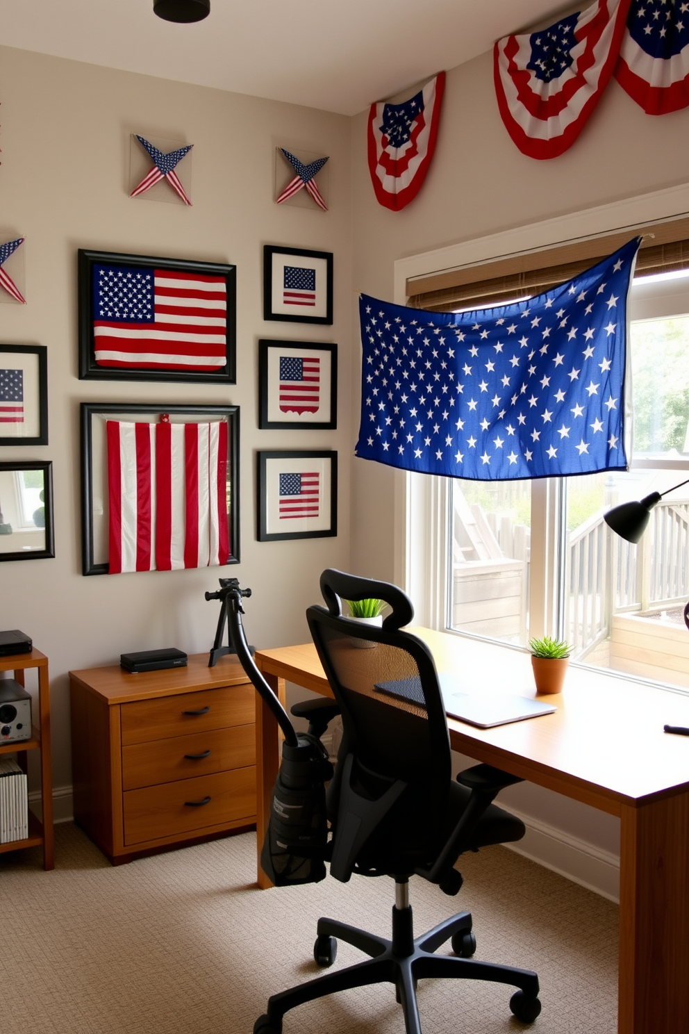 A cozy home office setting designed for Labor Day. The walls are adorned with framed American flags in various sizes, creating a patriotic ambiance. A sleek wooden desk is positioned in front of a large window, allowing natural light to fill the space. A comfortable ergonomic chair sits at the desk, complemented by a small potted plant on the side.