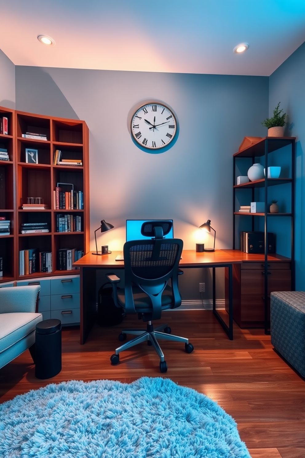 A stylish home office space designed for productivity and comfort. The room features a large wooden desk with a sleek ergonomic chair and a decorative clock with stars hanging on the wall above. Soft ambient lighting creates a warm atmosphere, complemented by a stylish bookshelf filled with books and decorative items. The walls are painted in a calming blue shade, and a plush area rug adds texture to the hardwood floor.