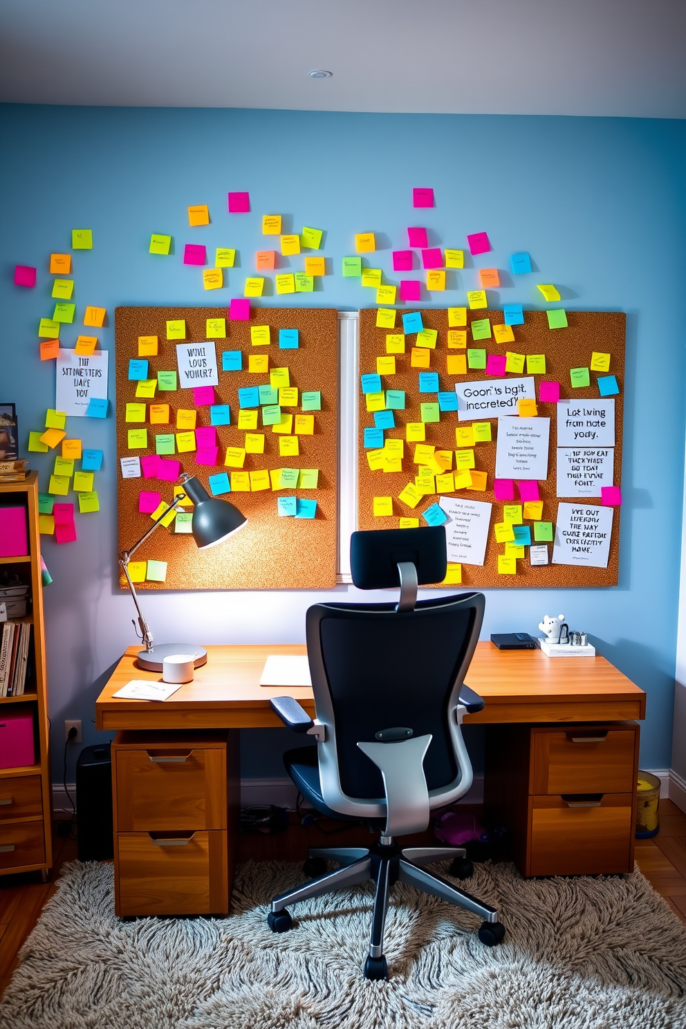 A vibrant home office space filled with colorful sticky notes in various shades scattered across a large corkboard. A sleek wooden desk sits in front of a window, adorned with a stylish desk lamp and a comfortable ergonomic chair. The walls are painted a soft blue, creating a calming backdrop, while a plush area rug adds warmth underfoot. Inspirational quotes and reminders are pinned alongside the sticky notes, fostering creativity and motivation in the workspace.