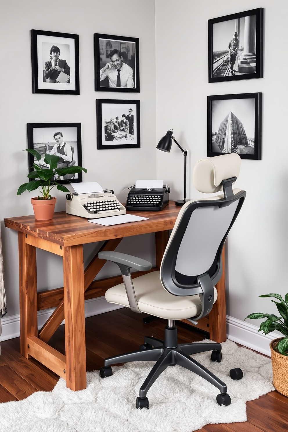 A cozy home office setting featuring a vintage typewriter as a focal decor piece. The desk is made of reclaimed wood and is paired with a comfortable ergonomic chair, creating an inviting workspace. The walls are adorned with framed black and white photographs, adding a touch of nostalgia to the room. A soft area rug lies beneath the desk, and a potted plant sits in the corner, bringing a hint of nature indoors.