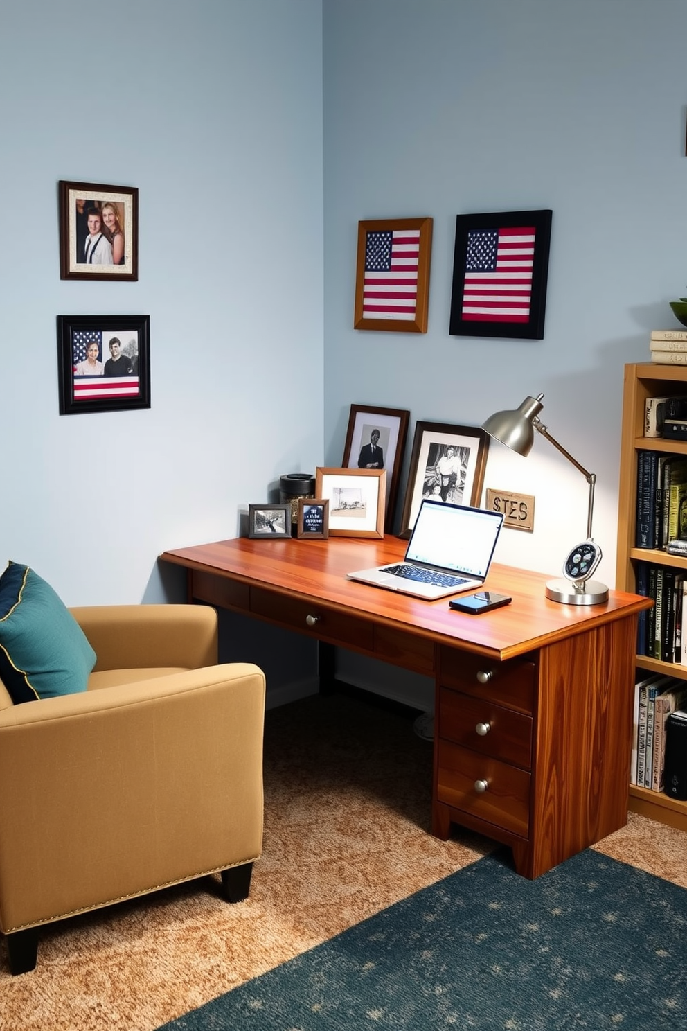 A cozy home office setting featuring a large wooden desk positioned against a wall. The desk is adorned with a laptop, a stylish desk lamp, and a few family photos displayed in patriotic frames. To the left of the desk, a comfortable armchair invites relaxation and productivity. The walls are painted in a soft blue hue, and a small bookshelf filled with books and decorative items adds a personal touch.