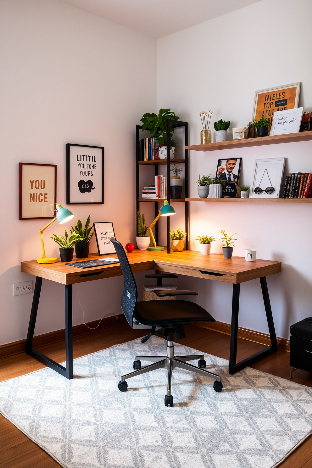 A vibrant home office setup features a sleek wooden desk paired with a comfortable ergonomic chair. A colorful desk lamp sits on the desk, casting a warm glow over a neatly organized workspace adorned with decorative plants and motivational artwork. The walls are painted in a soft neutral tone, creating a calming atmosphere. A stylish area rug anchors the space, while shelves filled with books and personal items add character and charm.